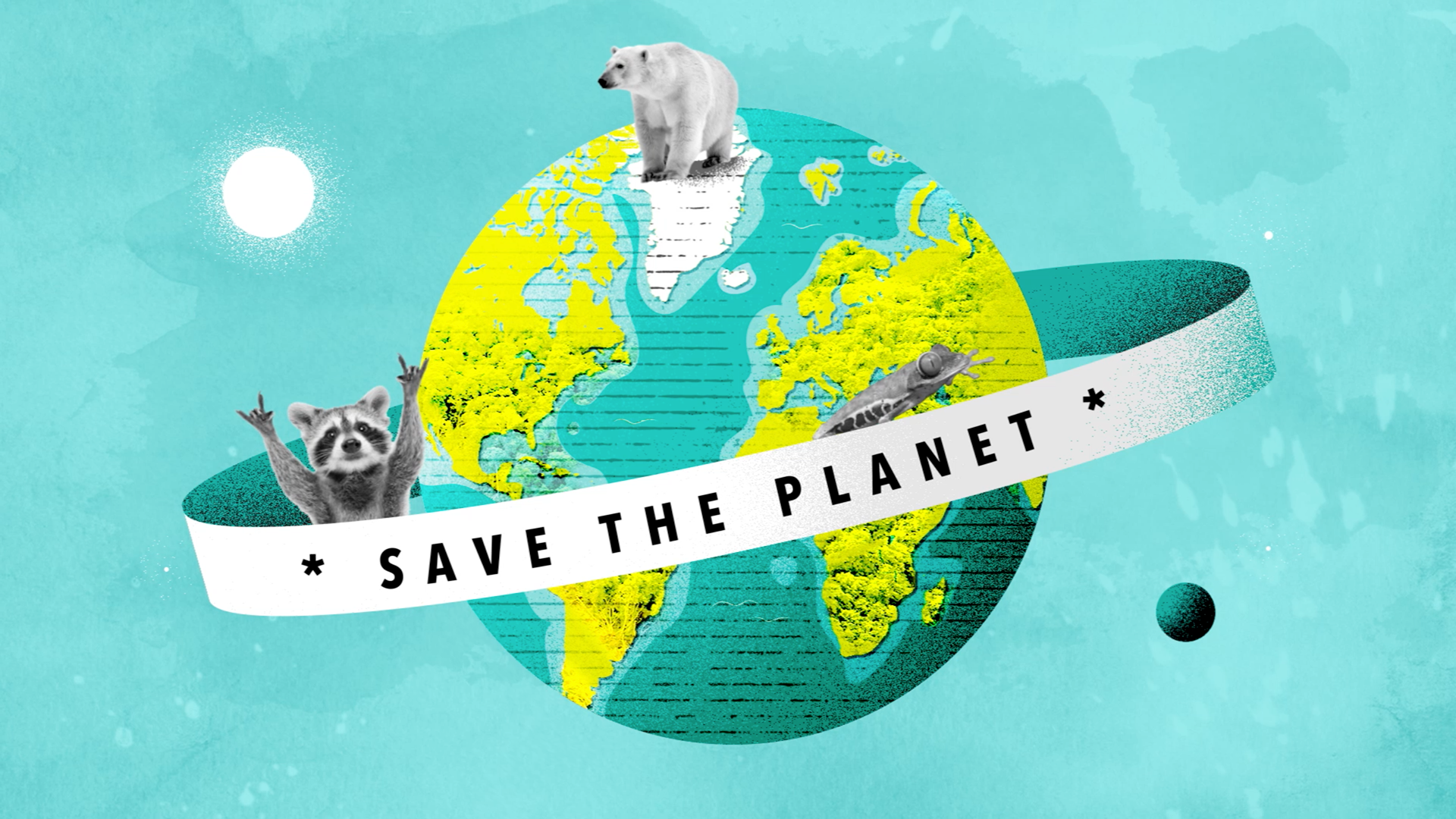Illustration de la Terre avec un ruban portant l'inscription "Save the Planet" entourant la planète. Des animaux comme un ours polaire, un raton laveur, et une libellule sont présents autour de la planète. Le fond est bleu avec le soleil et des éléme