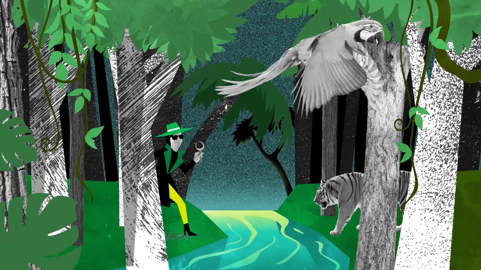 Une illustration d'une scène dans une forêt avec un homme en costume noir portant des lunettes et un chapeau vert, qui tient une loupe, accompagnée d'un tigre et d'un oiseau blanc en vol parmi des arbres, un ruisseau traverse la forêt.