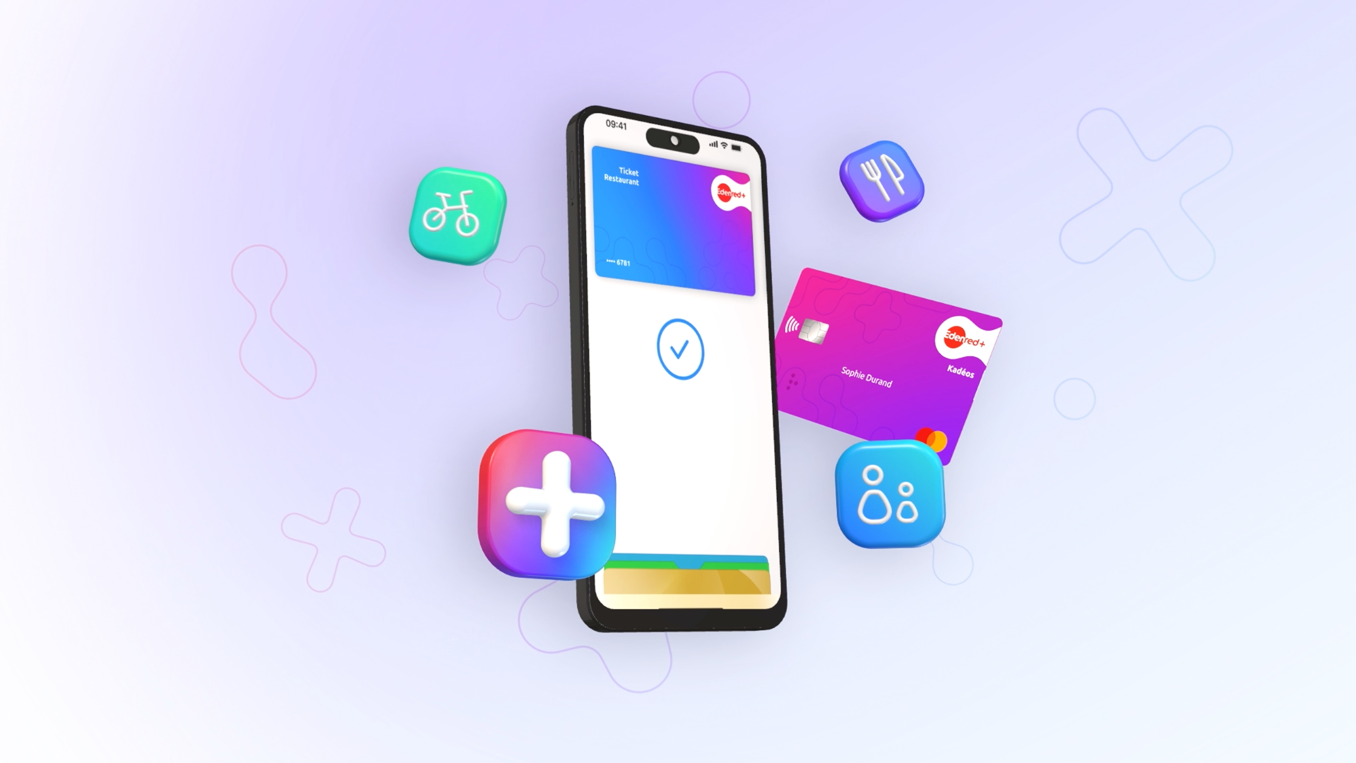 Smartphone avec une application de paiement, entouré d'icônes colorées représentant la musique, la nourriture, la location de vélo, et des cartes de paiement digitales.