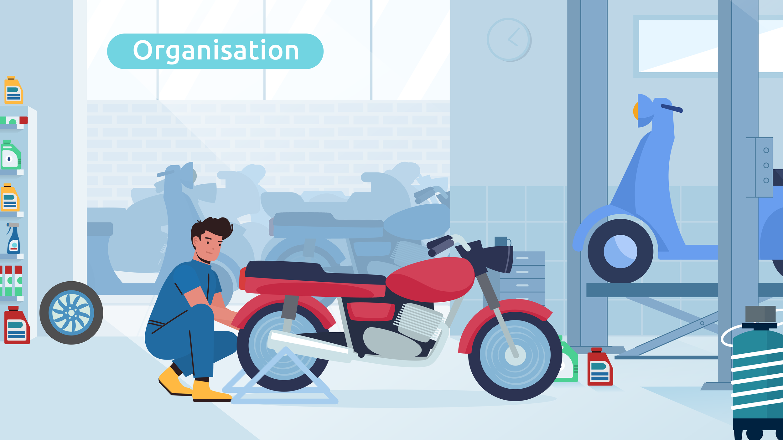 Un homme travaille sur une moto dans un atelier de réparation mécanique, avec des étagères contenant des produits de nettoyage et des pièces, et des motos en arrière-plan.