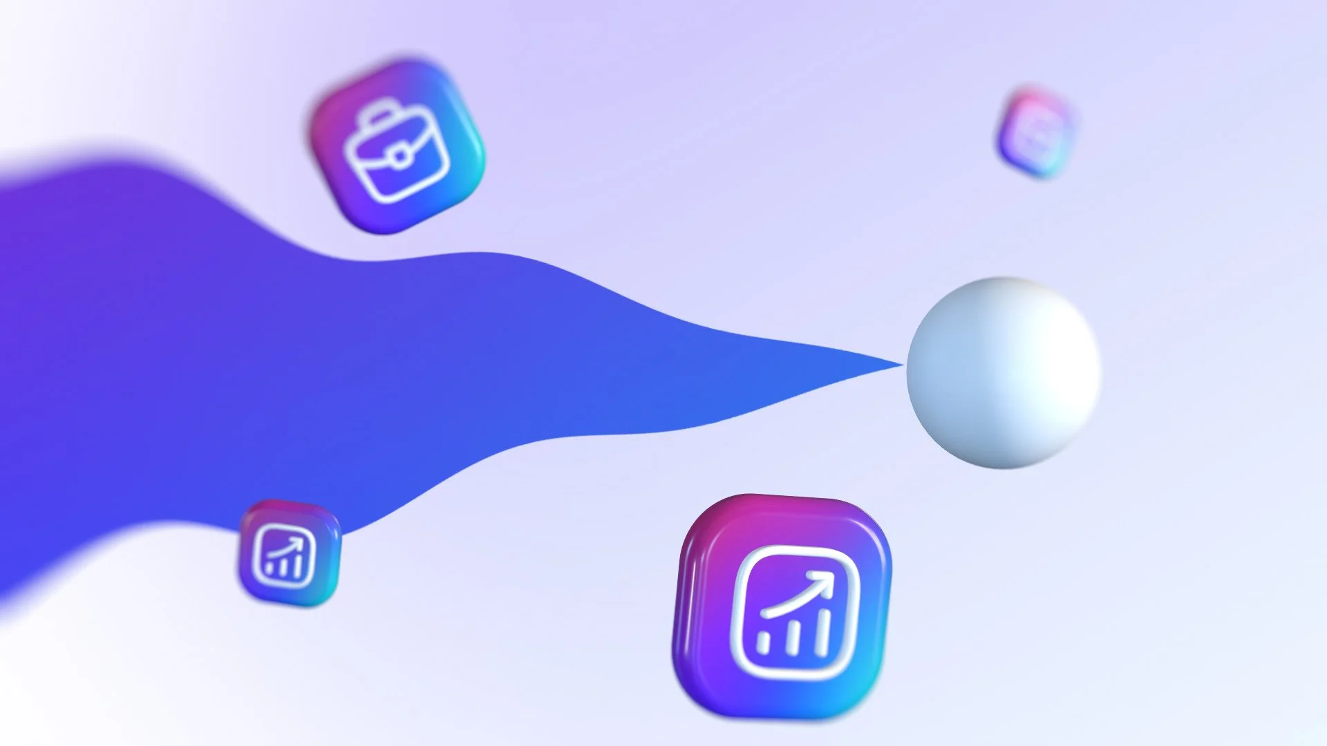 Illustration numérique de plusieurs icônes d'application avec un graphique de croissance, projetées sur un fond clair, avec un jeu de couleurs en dégradé de violet, bleu et blanc.