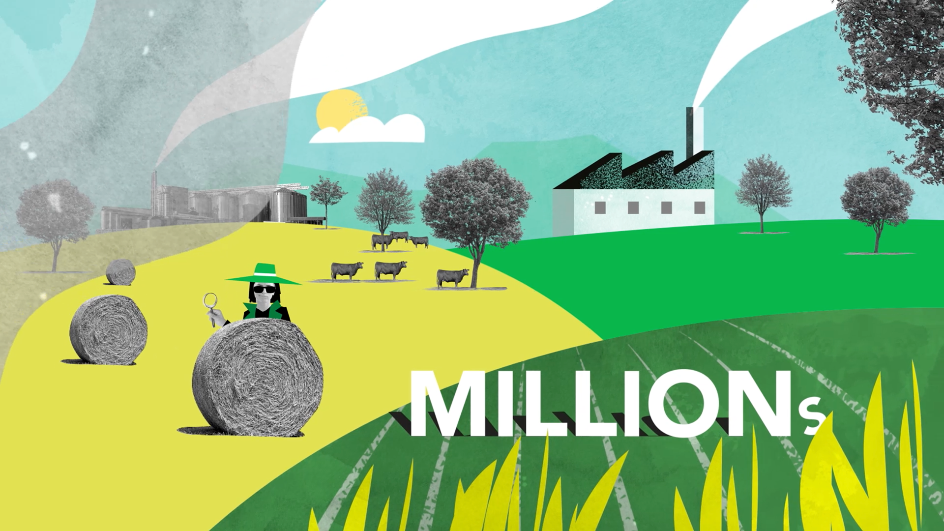 Une illustration d'une ferme avec des bottes de foin, une femme avec un chapeau large et des lunettes de soleil, des vaches, des arbres et une usine en arrière-plan, avec le texte "MILLIONS" en bas.