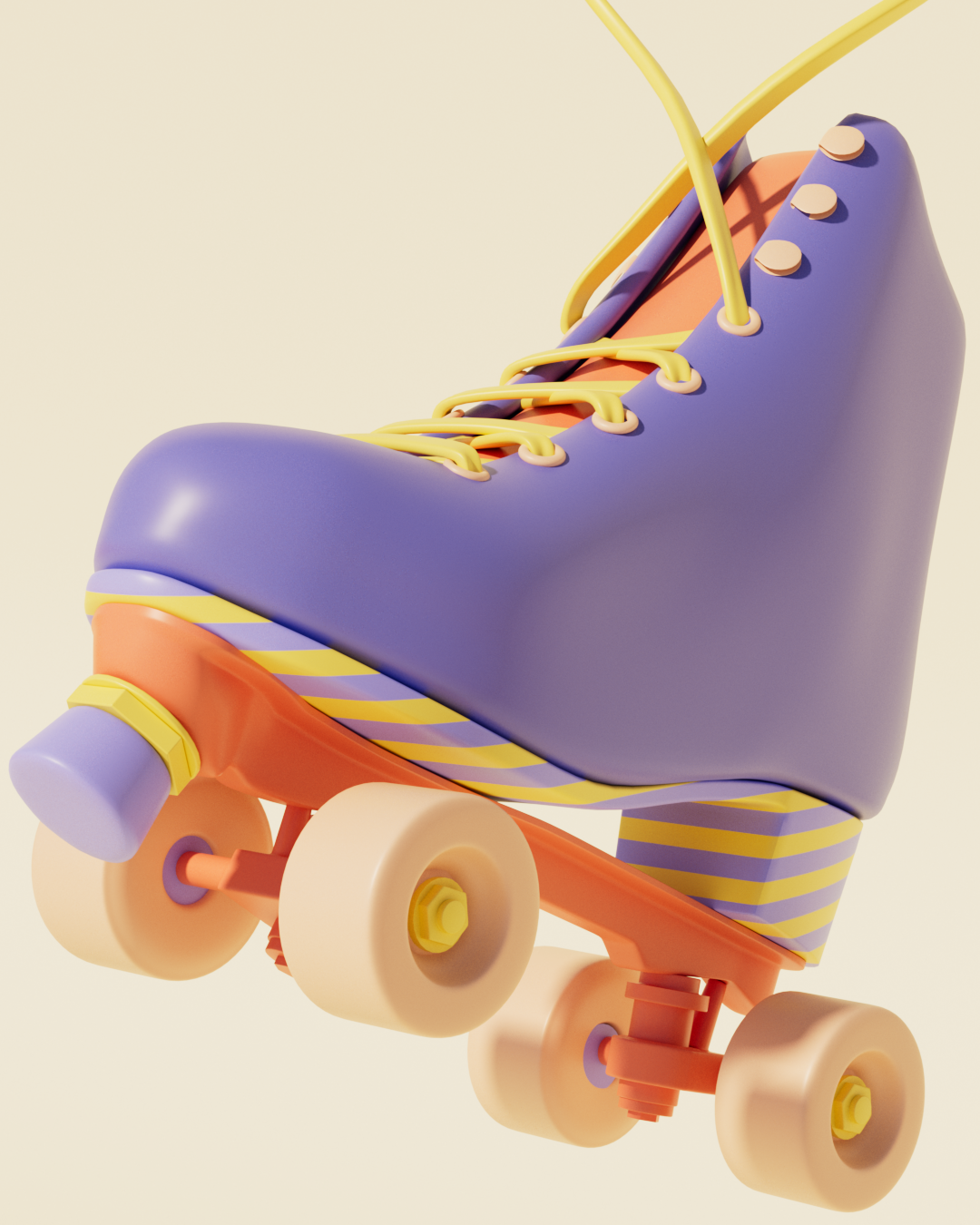 Une planche à roulettes colorée avec une bottine surdimensionnée de style rétro, en tons violet, orange, jaune et beige, sur un fond clair.