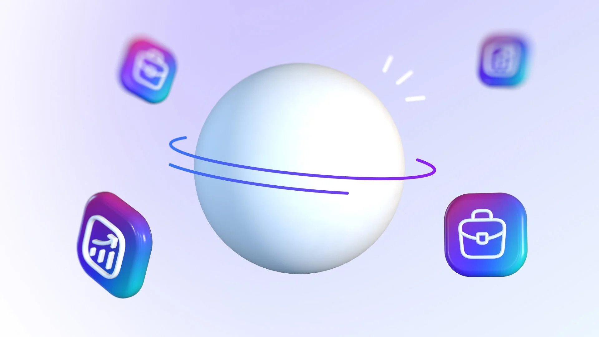 Une sphère blanche avec une ligne orbitale colorée autour, entourée de quatre icônes d'applications en dégradé violet et bleu, représentant des réseaux sociaux, des graphiques et une mallette.