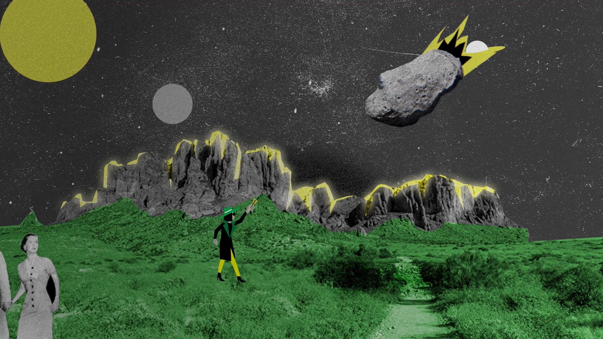 Une scène de style collage avec des montagnes nues, un ciel étoilé, deux femmes en vêtements vintage, un homme en costume pointant vers un gros météorite en collision avec la montagne, et plusieurs cercles de différentes tailles en arrière-plan.