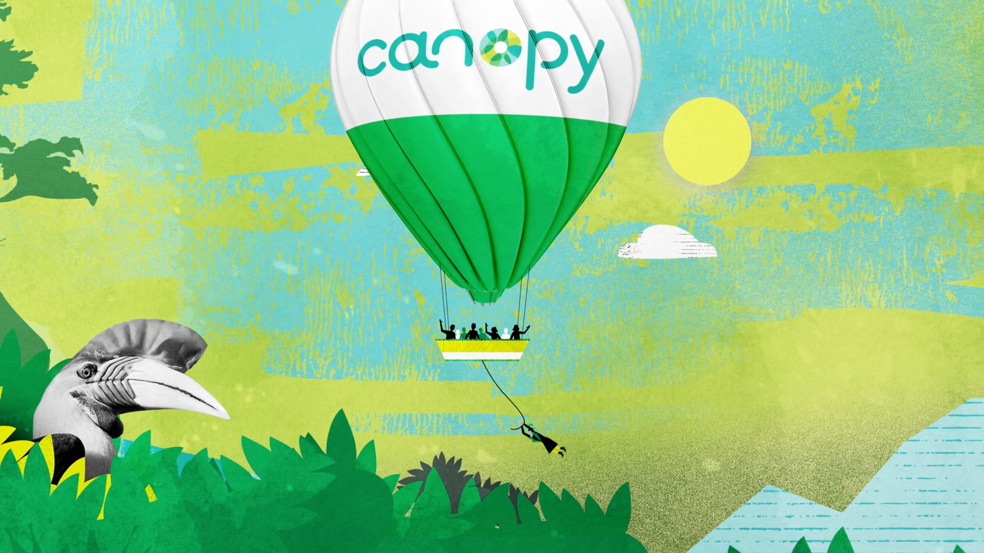 Une montgolfière verte et blanche portant le logo 'canopy' vole dans un paysage coloré avec un ciel bleu, le soleil, des nuages, et de la végétation en premier plan.