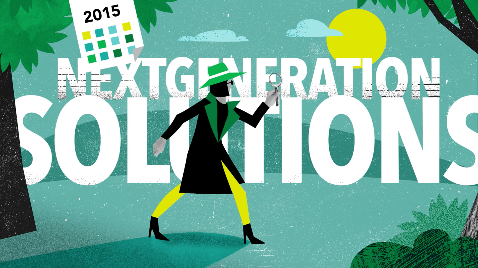 Illustration avec un personnage mystérieux en trench coat noir et bottes, portant un chapeau vert, tenant une clé à la main. Arrière-plan avec des arbres, le soleil, et le texte 'Next Generation Solutions' avec '2015' en haut à gauche.