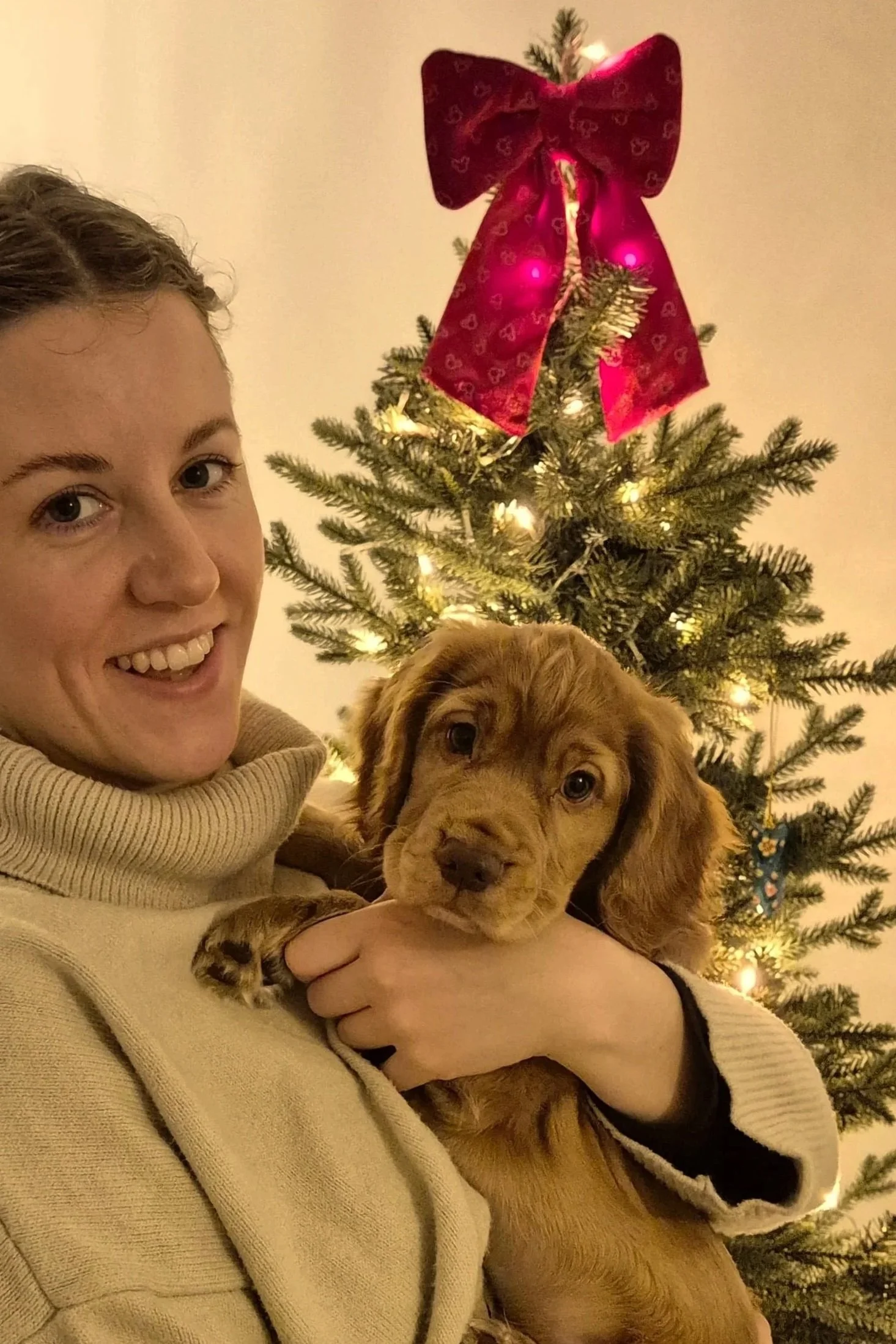 A woman with short hair and a beige turtleneck sweater holding a brown puppy in front of a decorated Christmas tree with white lights and a large red bow at the top.