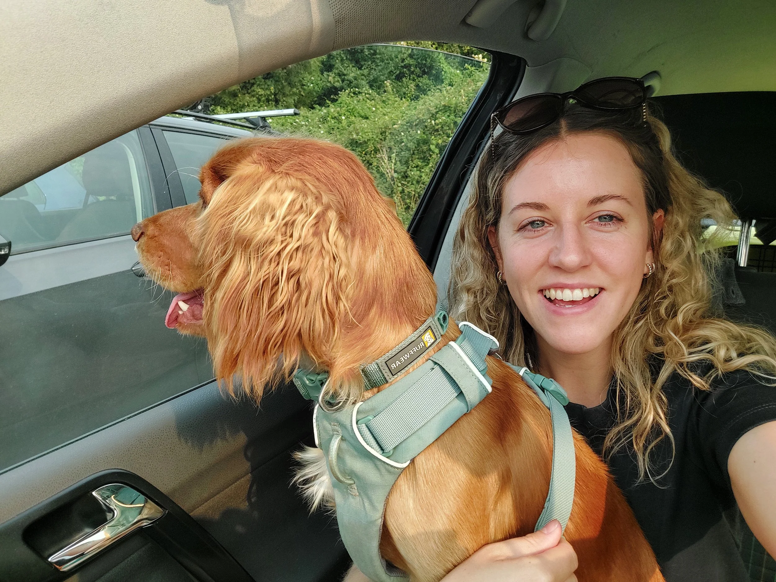 A woman with curly blonde hair and sunglasses on her head is smiling in a car, holding a brown dog with a harness, sitting in the passenger seat, with another vehicle and greenery visible outside the window.