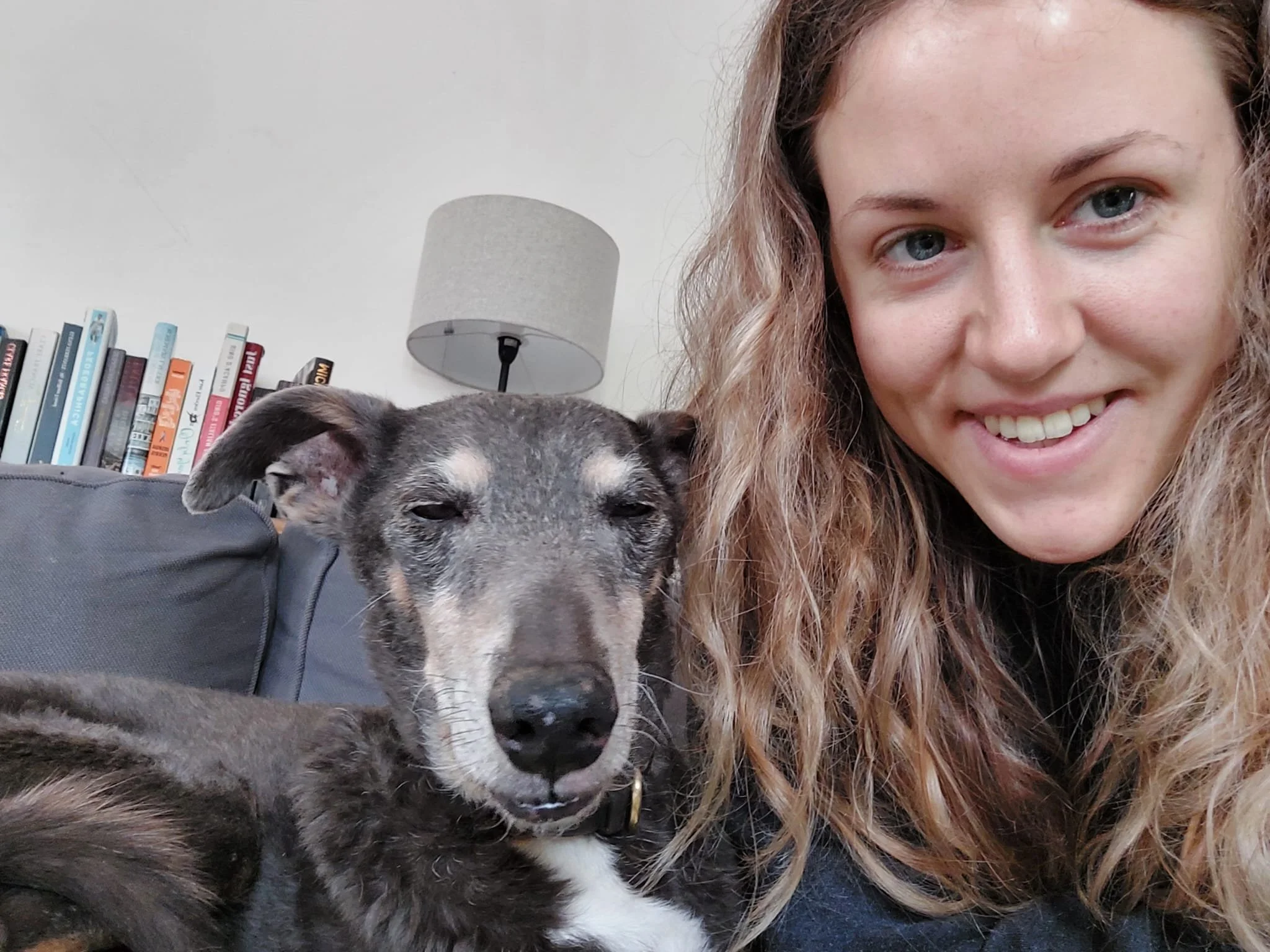 A woman with wavy blonde hair and a black shirt smiling next to her dog, a grey and black mixed breed dog with closed eyes, resting on a grey couch in a living room with a bookshelf, a lamp, and a white wall in the background.