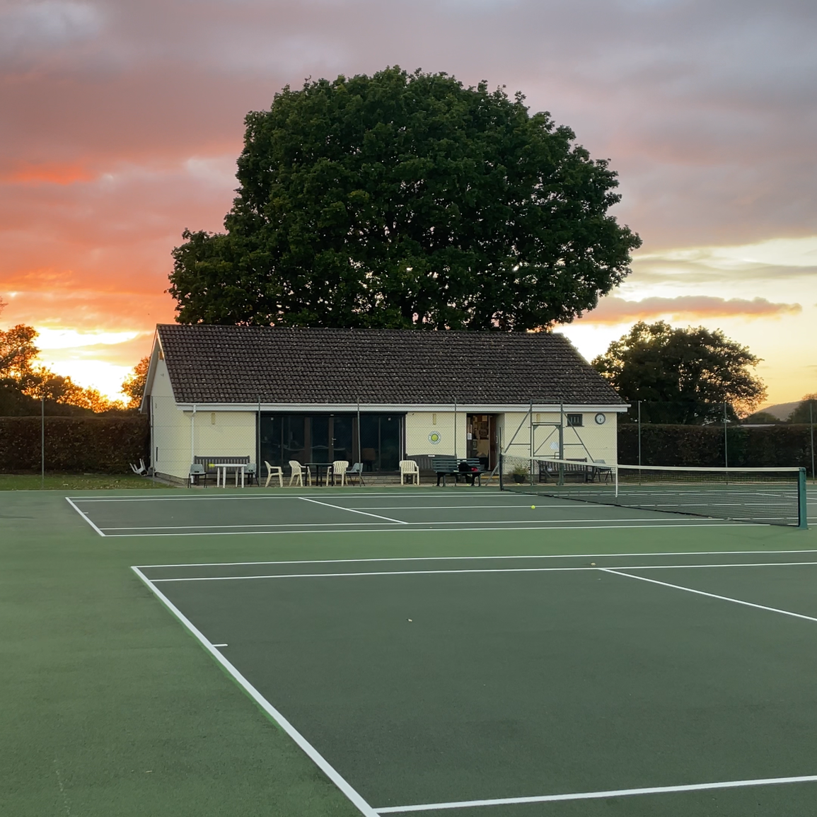 Tennis courts at sunset with a clubhouse and large tree in the background.