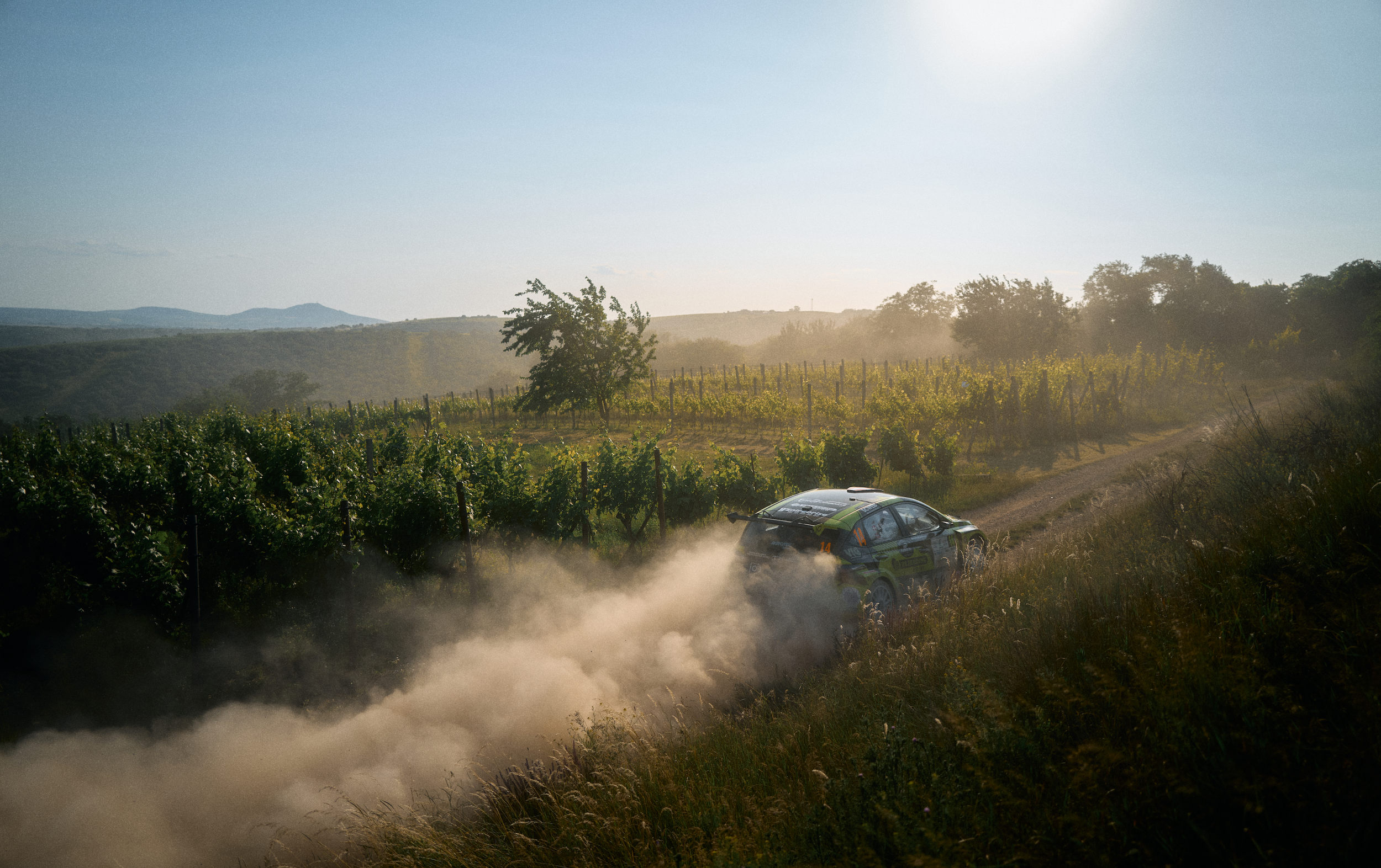 A rally car racing on a dirt road through a vineyard, kicking up dust with hills and trees in the background during sunset.