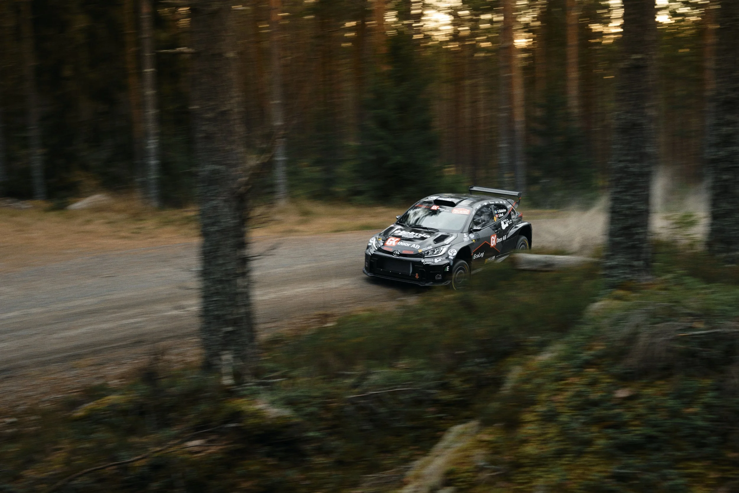 A black rally car speeding on a dirt forest trail surrounded by tall trees.