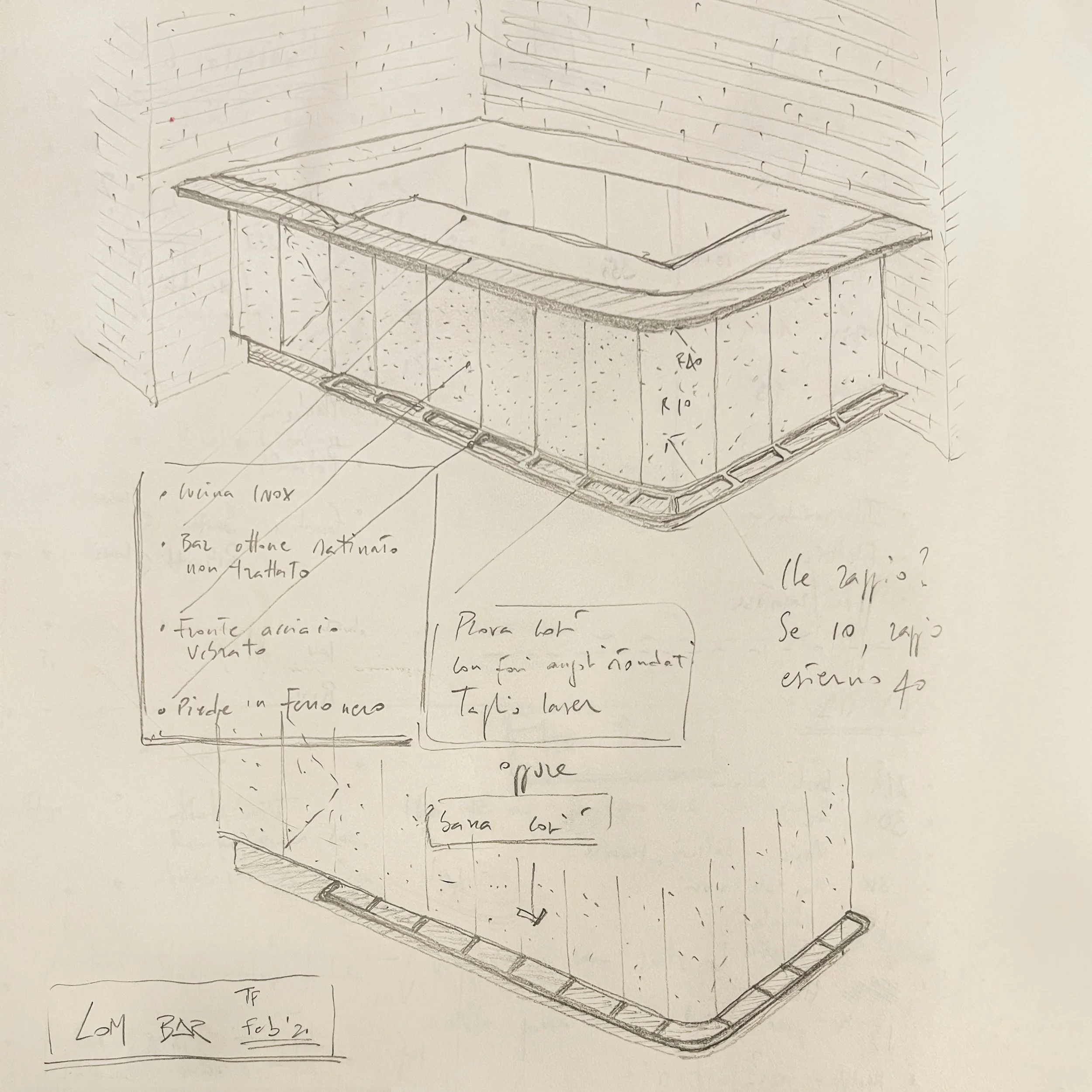 A hand-drawn sketch of a built-in bar counter, showing details like brass panels, stainless steel top and wooden footrest.