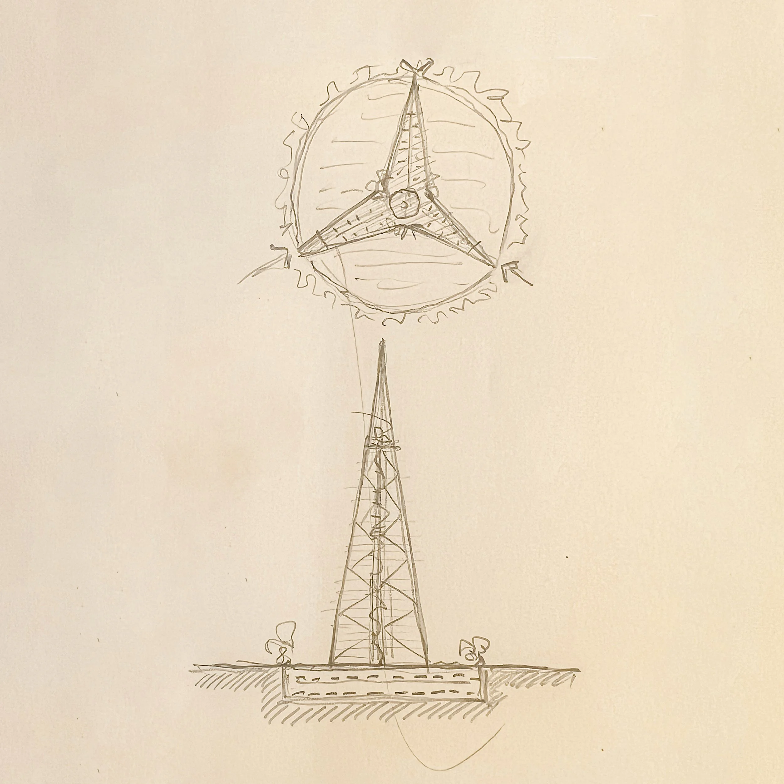 A pencil sketch of sky scraper with a circular structure containing the Mercedes-Benz logo inside it. The tower is mounted on a rectangular base with small plants on each side.