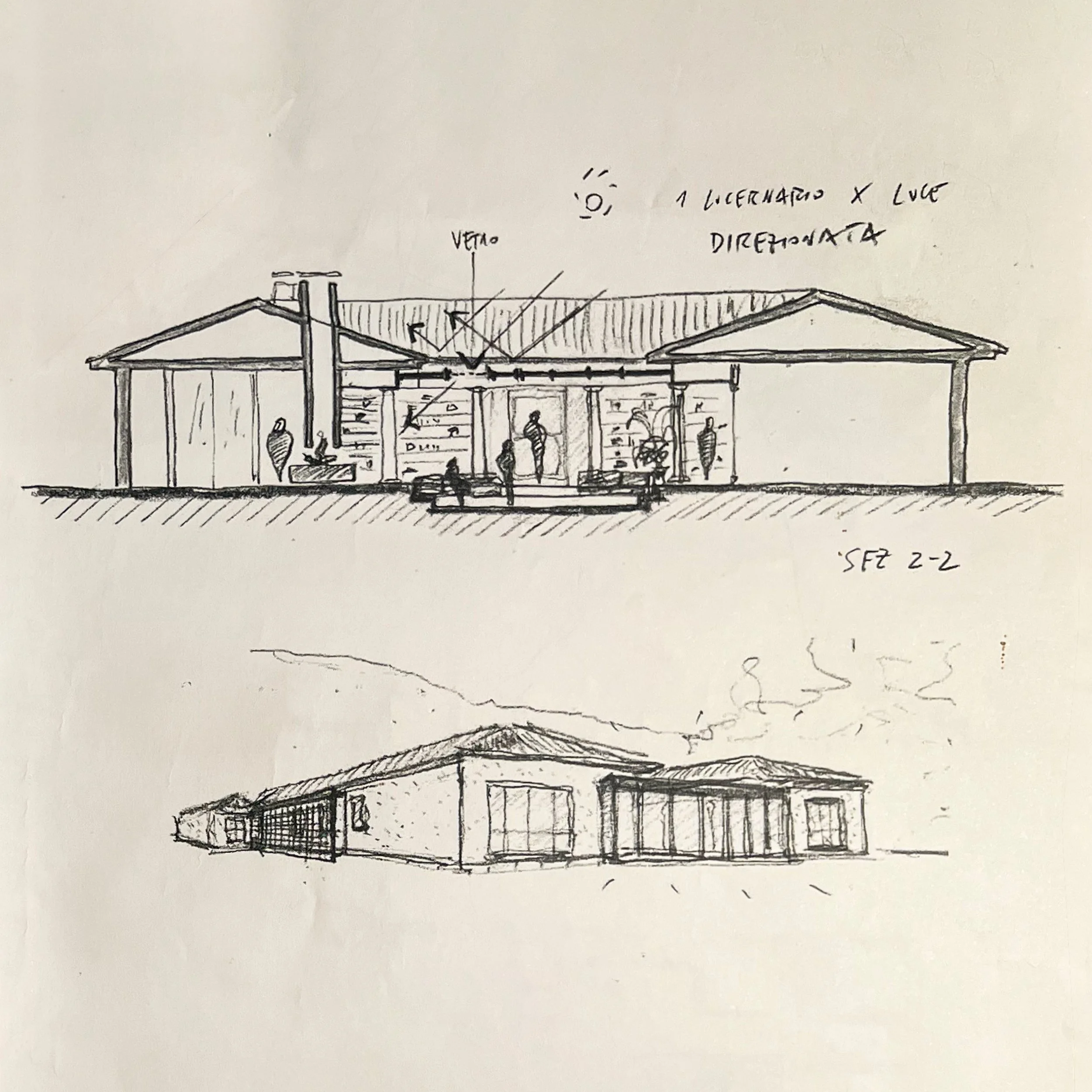 Hand-drawn architectural sketches of a single-story building's front elevation, featuring a covered porch, large windows, and a sloped roof, with annotations and people in front.
