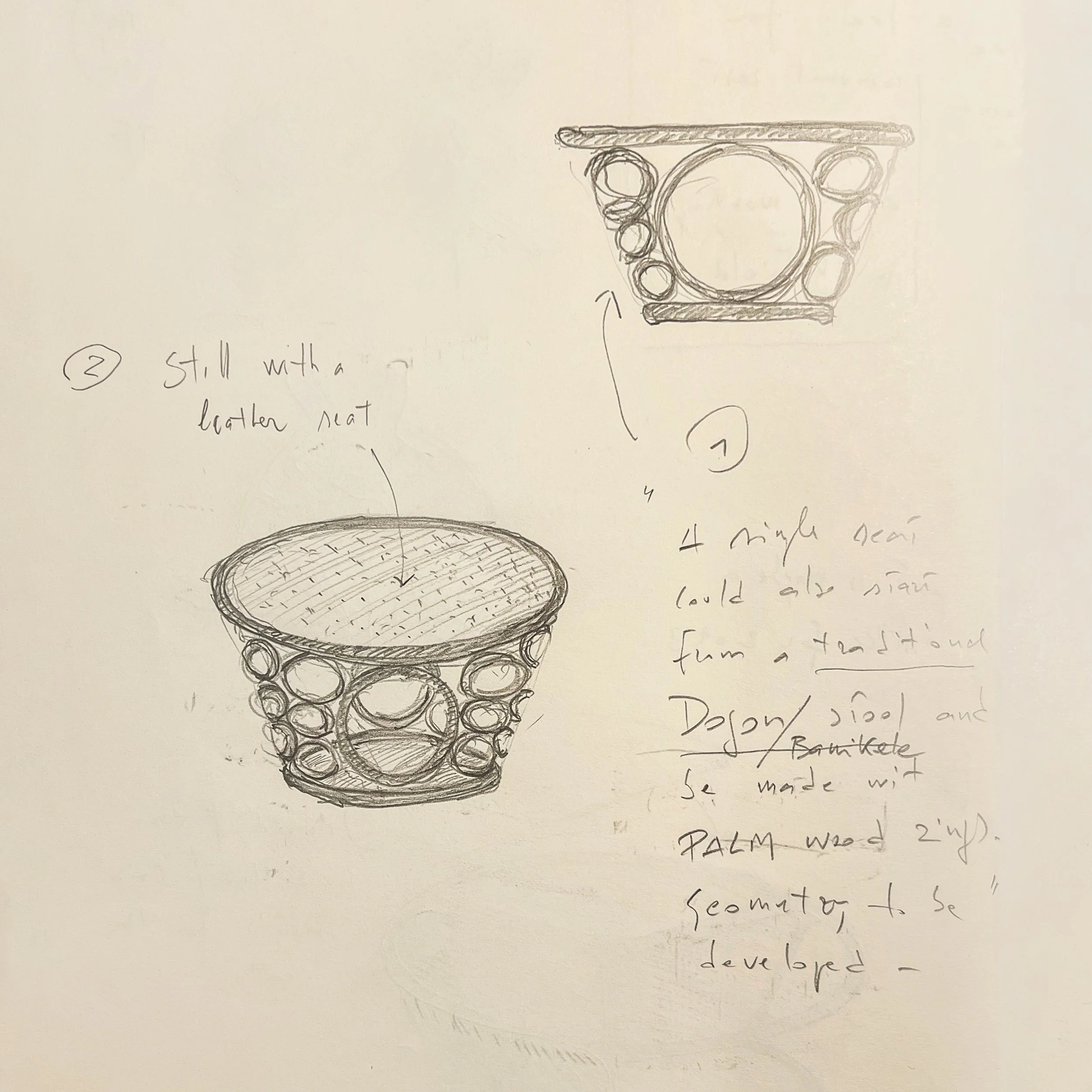 Sketch of a round table with a leather seat, featuring a top view and side view with circular designs, accompanied by handwritten notes.