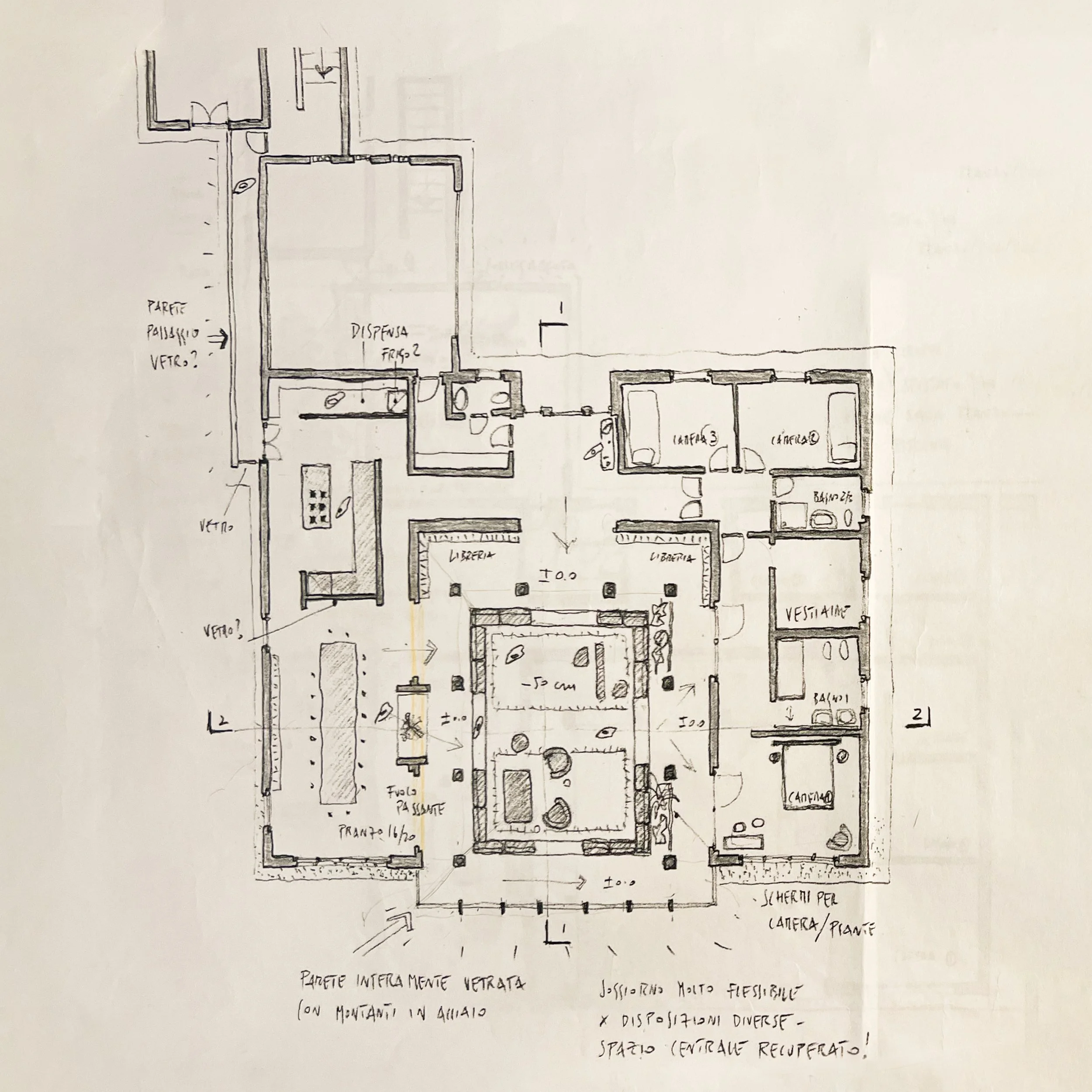 Hand-drawn architectural floor plan of a house with various rooms labeled and annotations in Italian, showing interior walls, doors, windows, and furniture layouts.