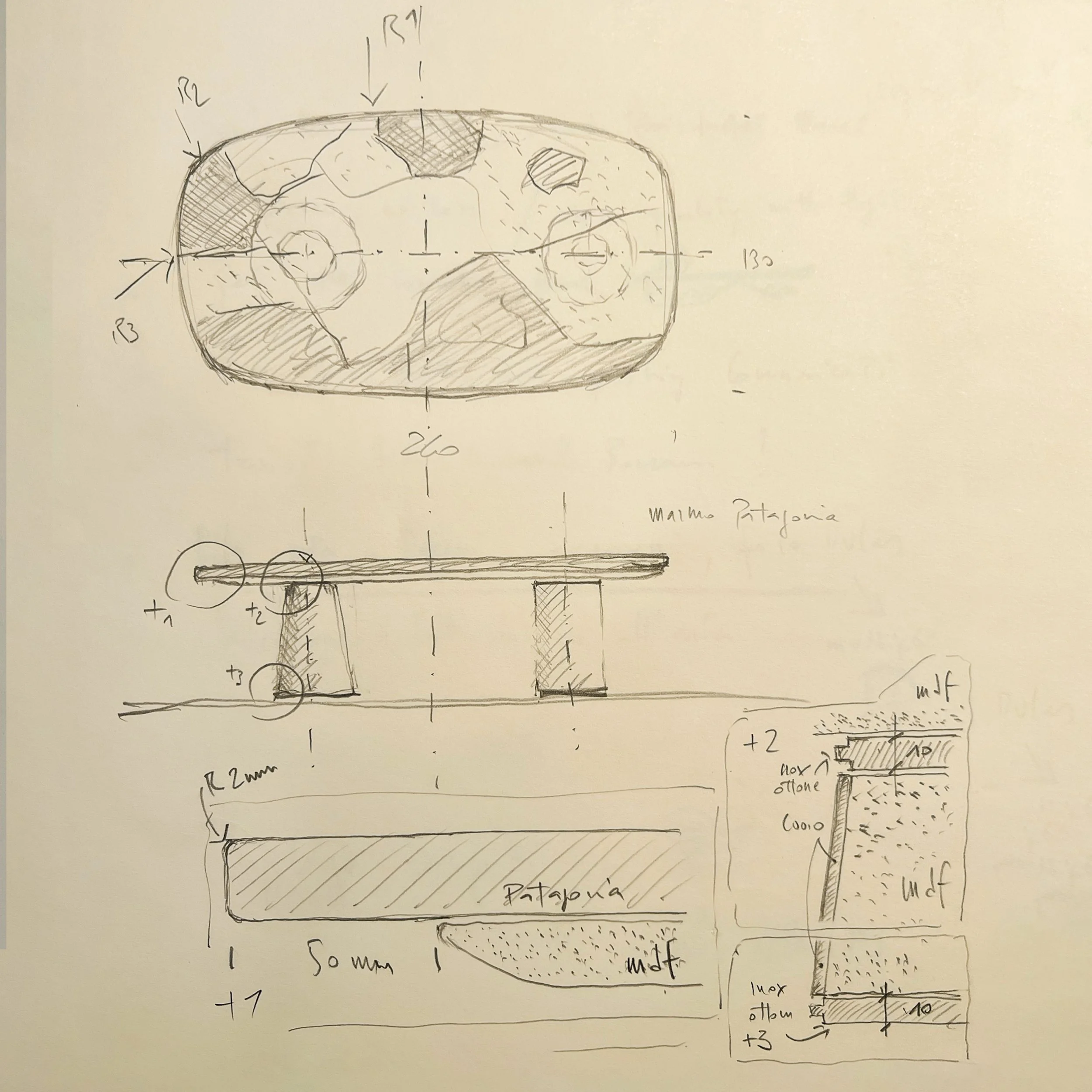 Hand-drawn sketch of a custom made table with wooden ellipses legs and marble top, including technical details of the joints between the legs and the top of the table.