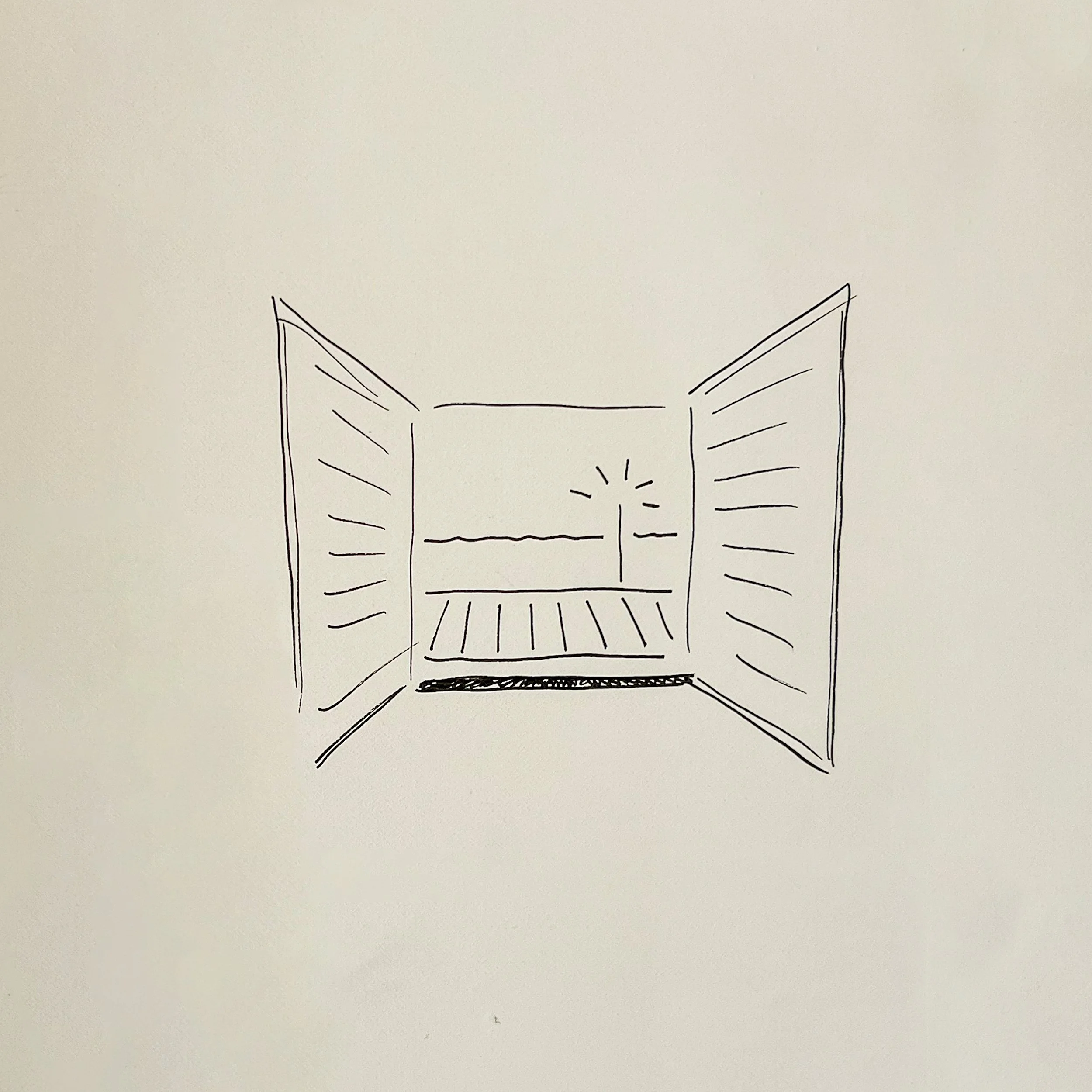 Simple line drawing of an open window with shutters, a view of the sky, a tree, and a sunflower.