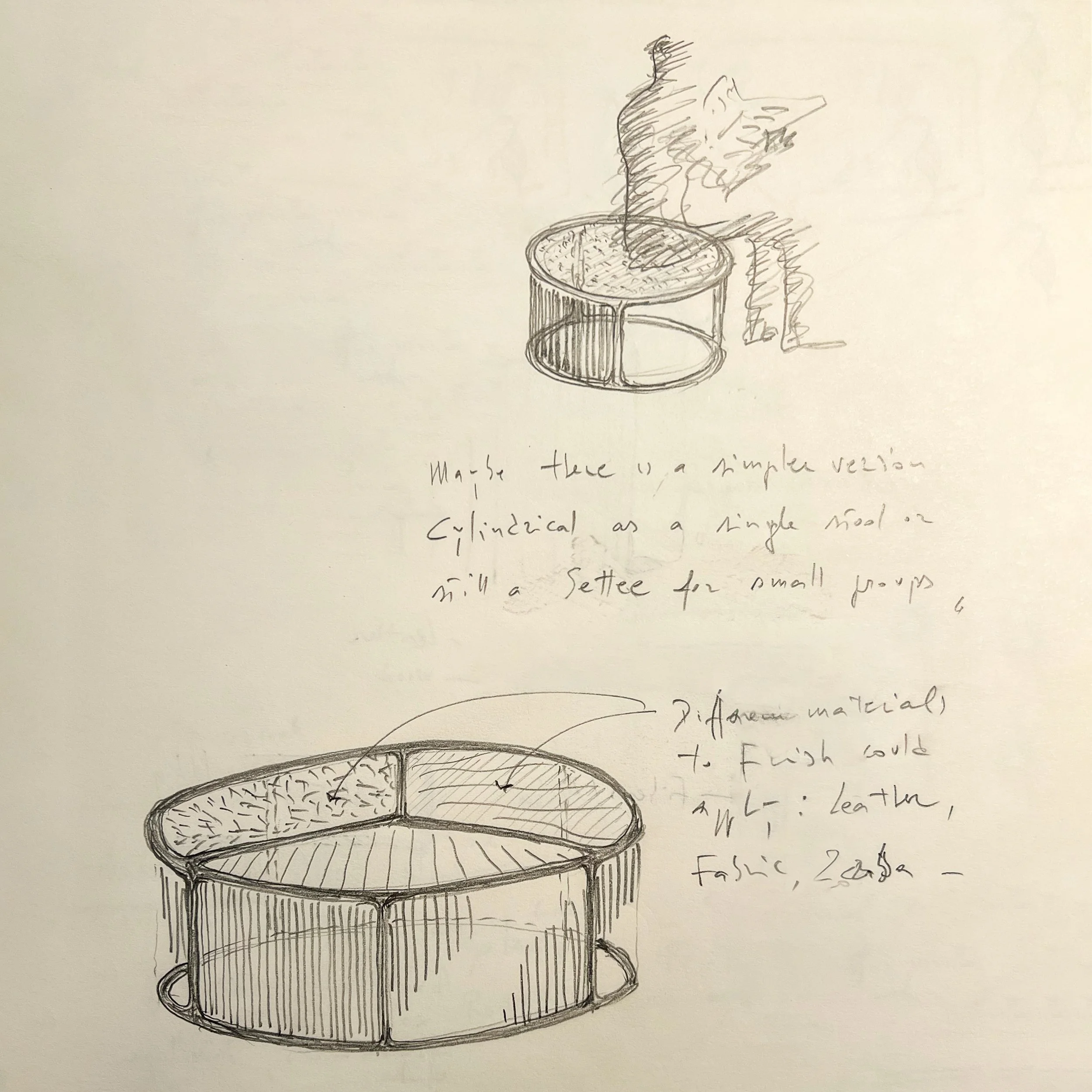 Sketch of a cylindrical seat and circular seating arrangement, with handwritten notes on materials and construction details.