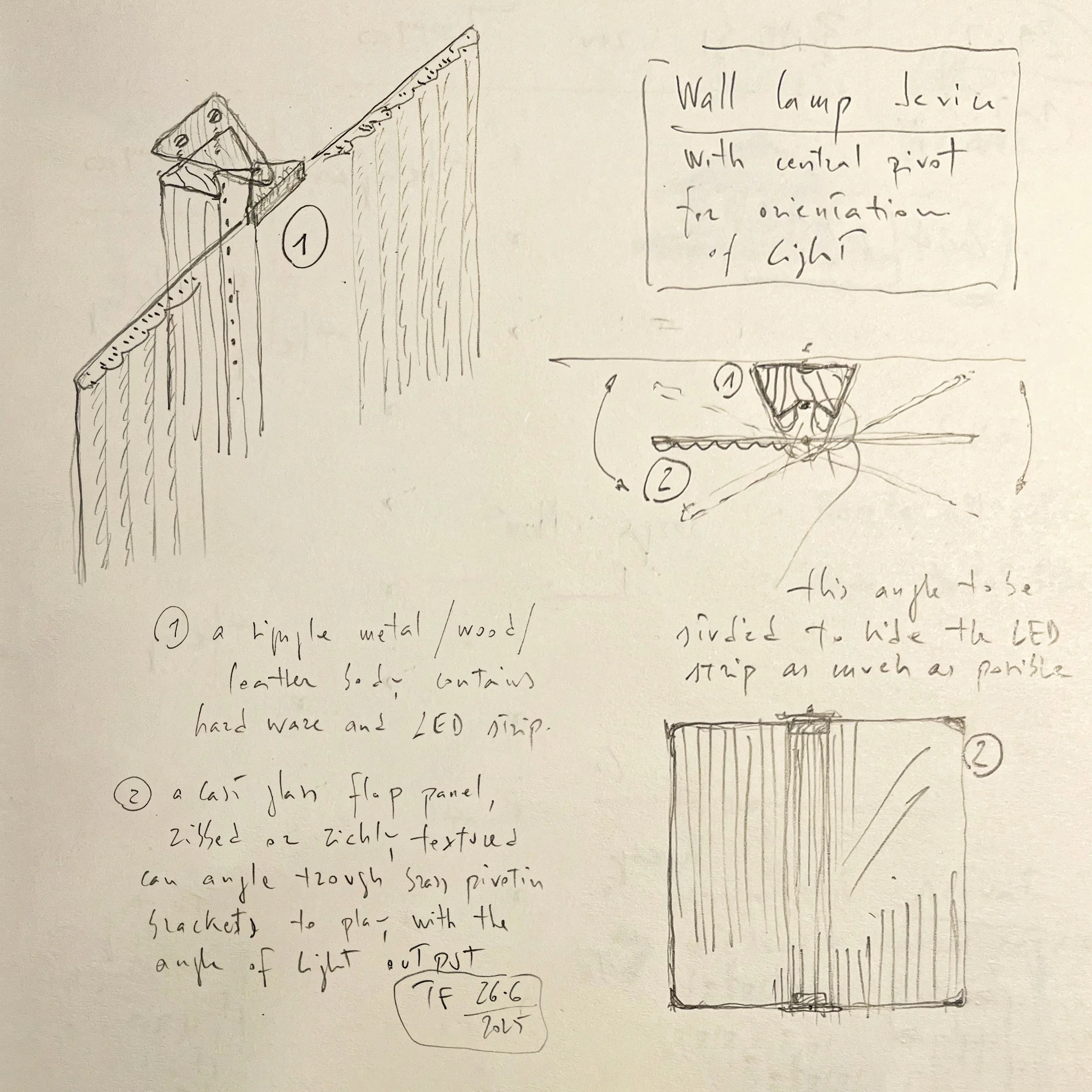 Hand-drawn sketch of a wall-mounted LED light device with annotations and descriptions. The drawing includes a side view of the device, a top view, and a labeled diagram explain components like a metal or wood case, a flip panel with textured surface