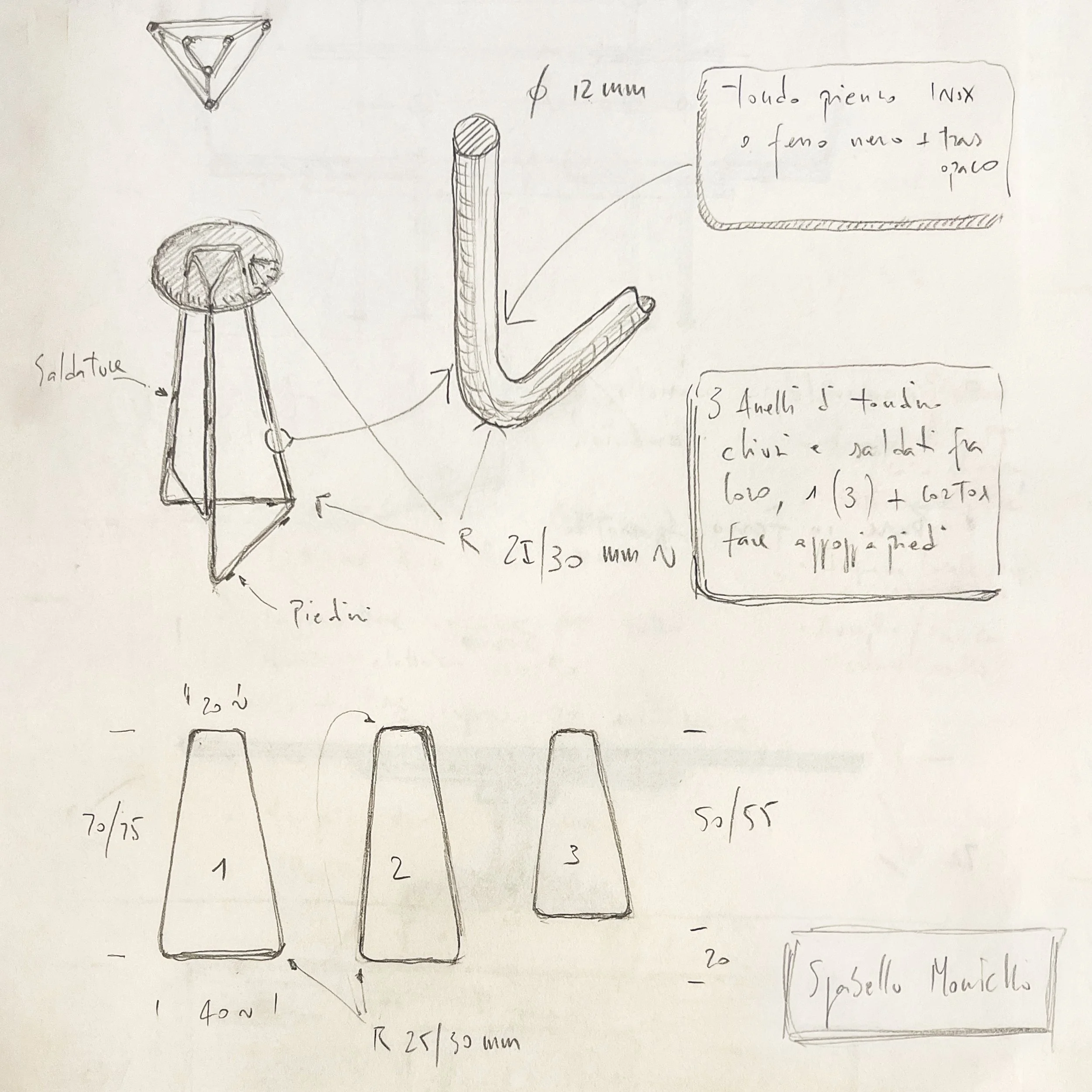 Hand-drawn sketch of stool with three legs and a circular seat, and three different metal pieces with measurements. Text annotations describe materials and construction details.