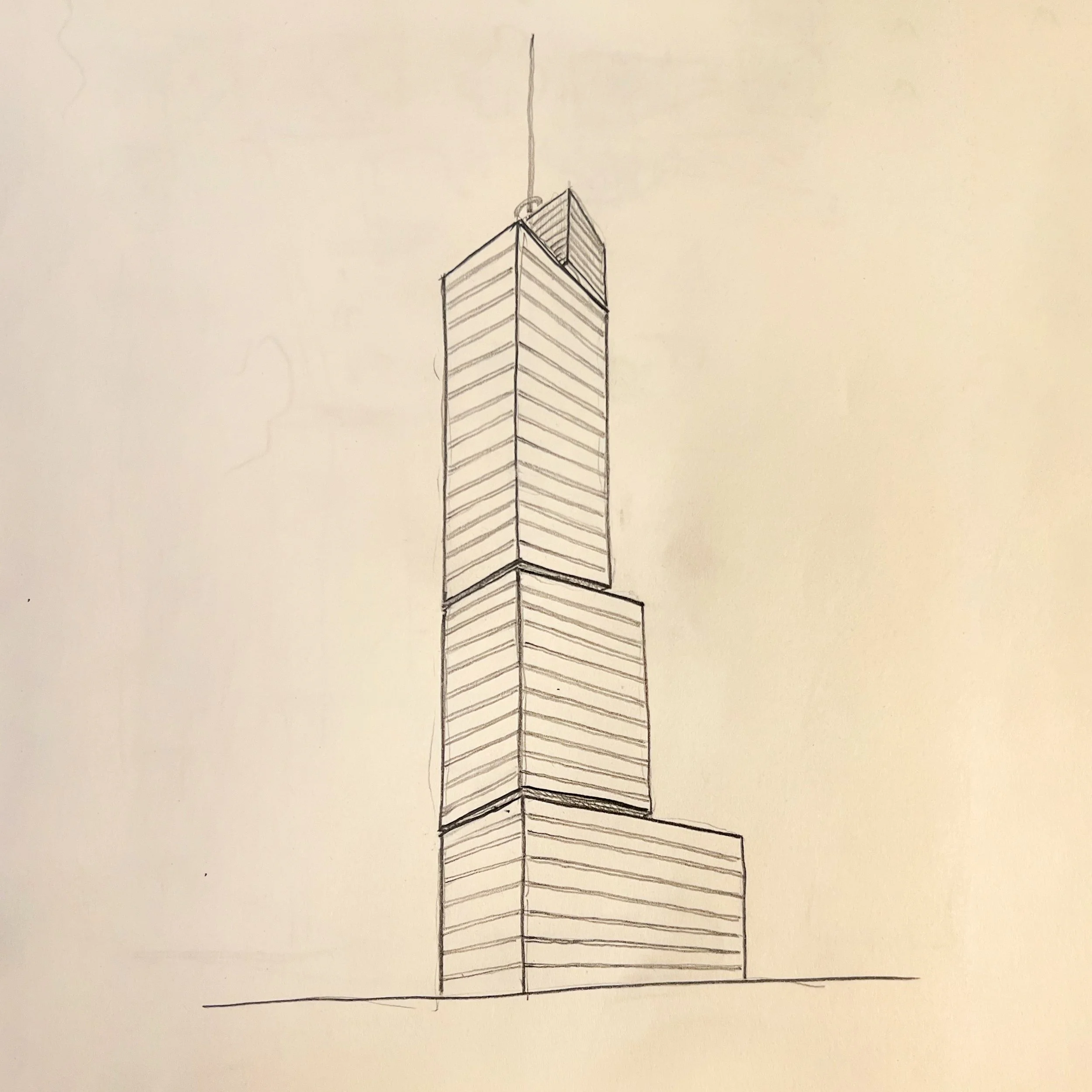 A pencil sketch of a tall modern skyscraper with multiple sections, topped with a spire, viewed from the ground up.