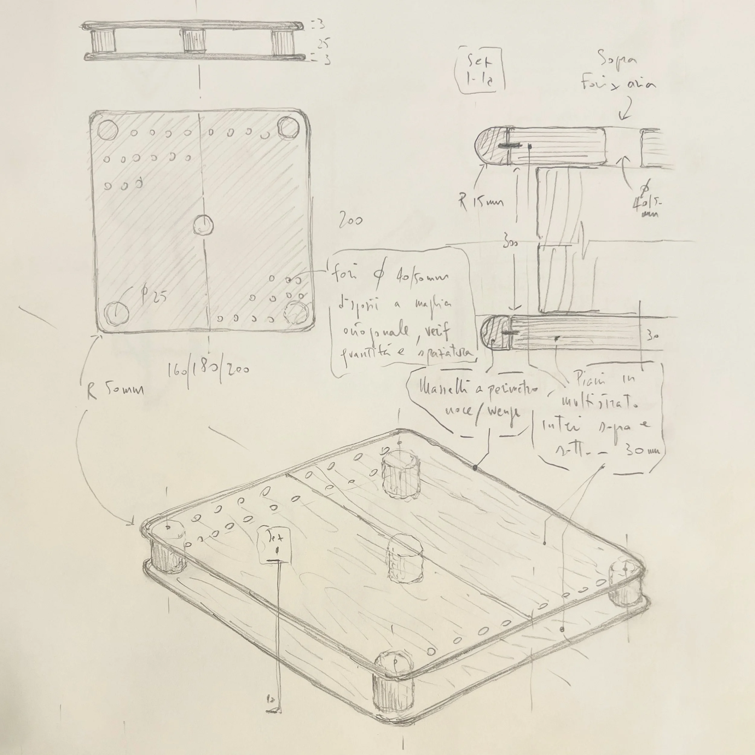 Hand-drawn technical schematic of a bed structure with detailed measurements, annotations in Italian, and different views including top, side, and isometric perspectives.
