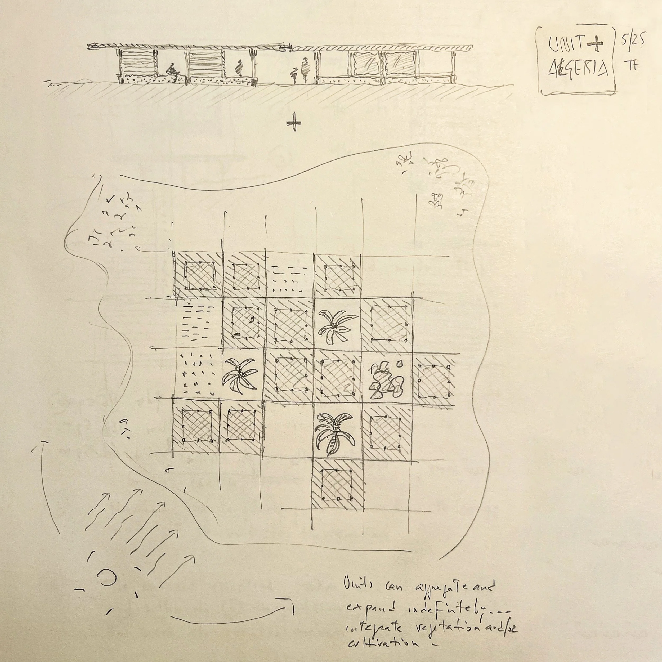 Hand-drawn sketch of a settlement layout based on a simple grid for Algeria. A simple elevation view of a structure at the top and a small diagram at the bottom left.