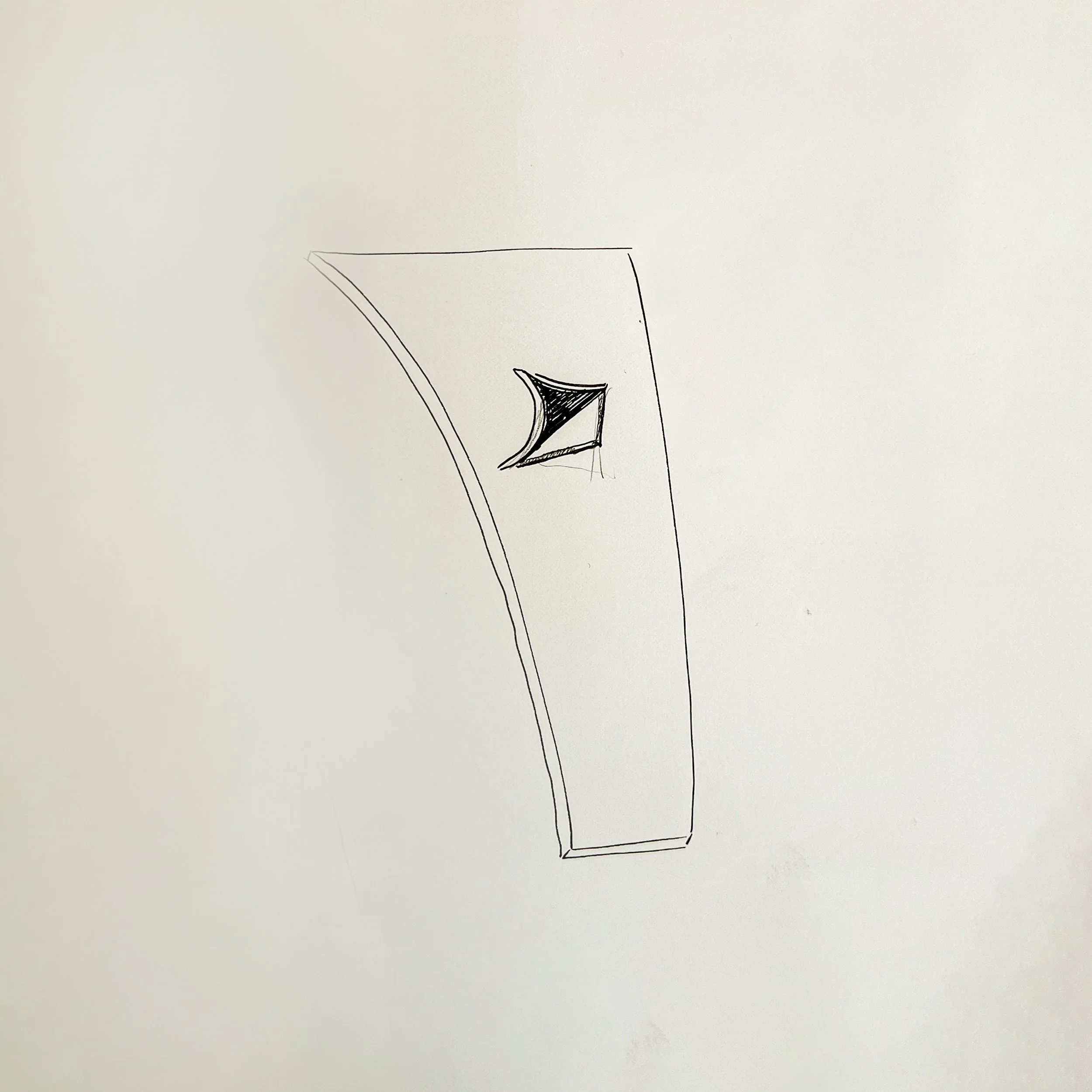 Sketch of a curved object with a square opening revealing a black and white pattern inside.