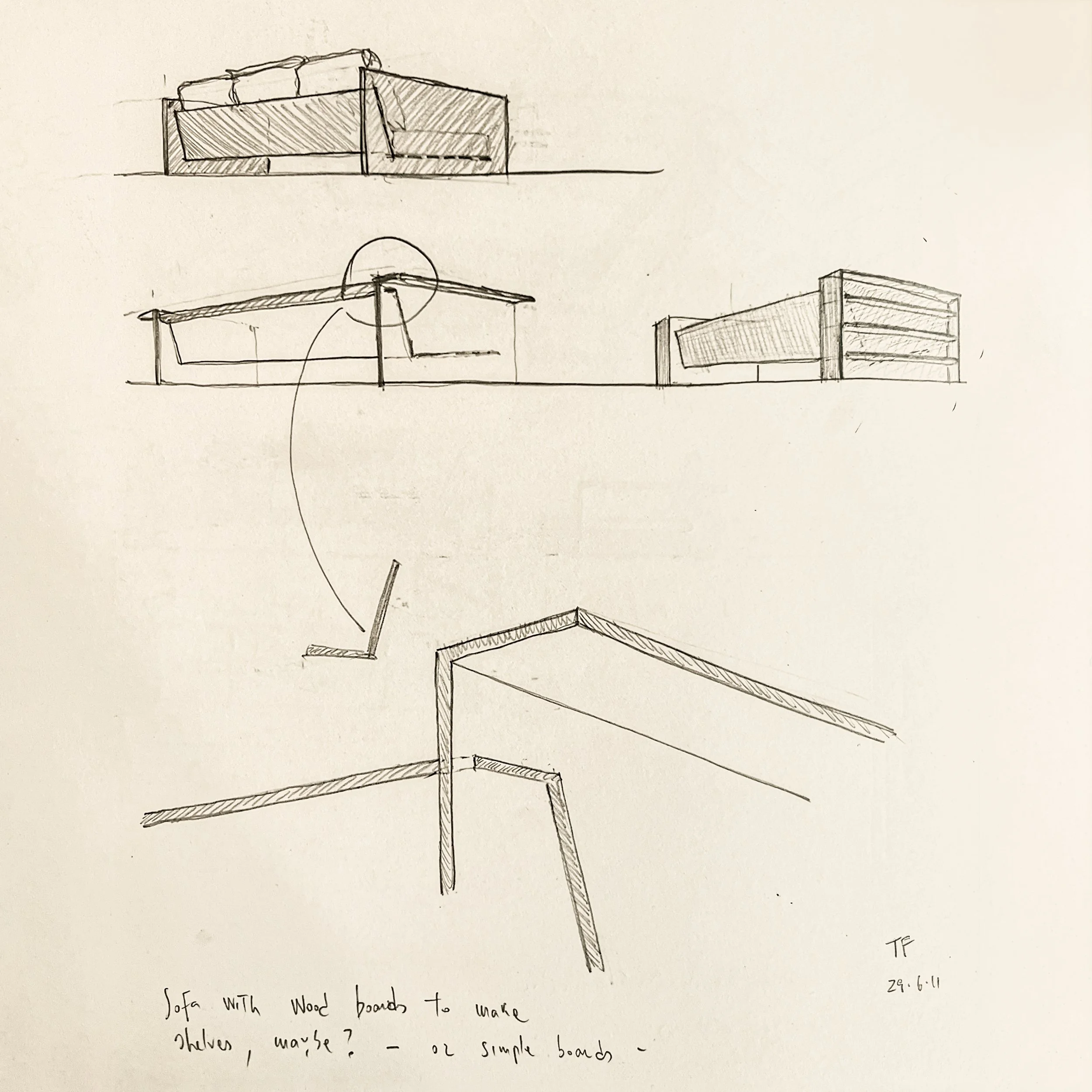 Sketches of a sofa design, with a focus on using wood boards for making shelves, with simple form and construction details.