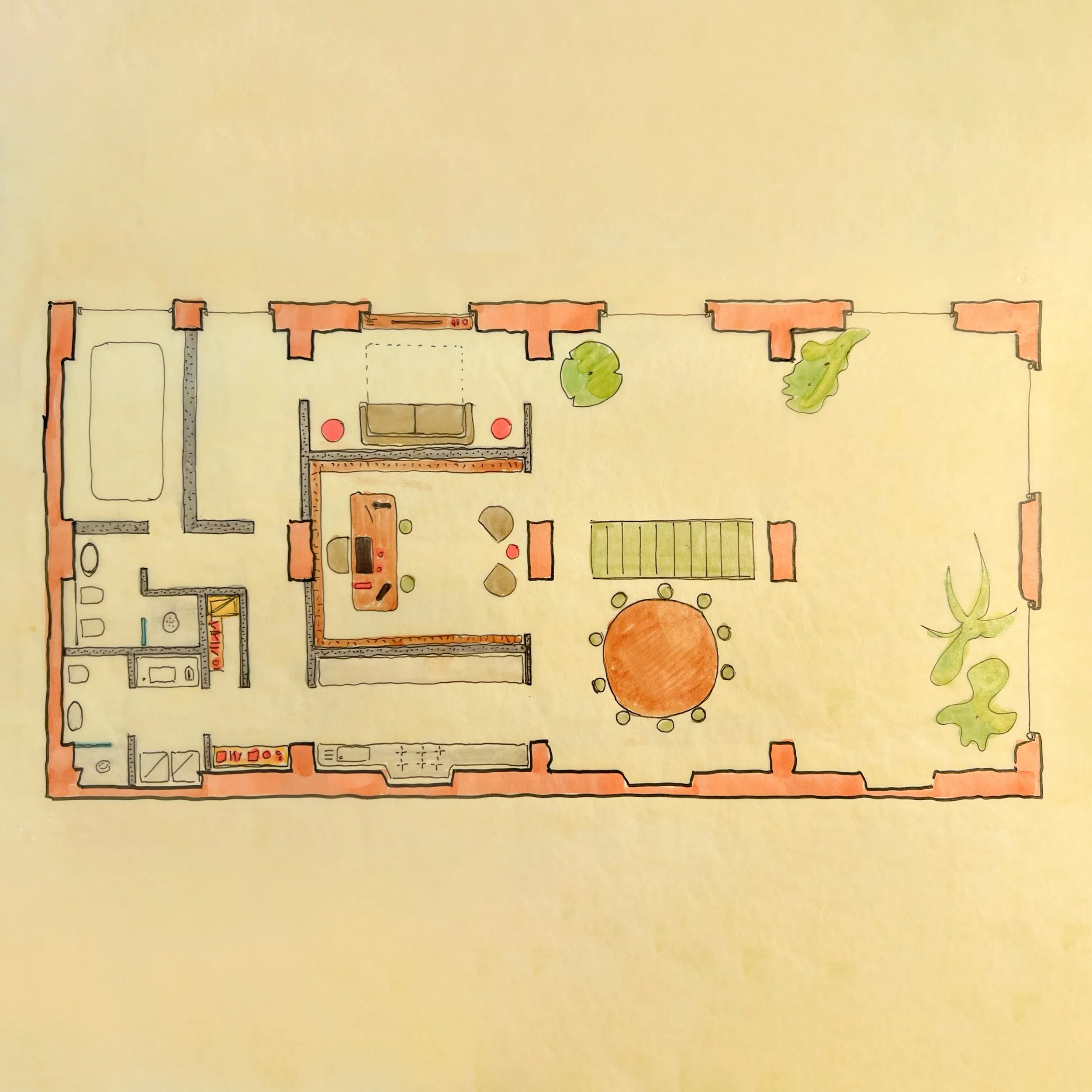 A hand-drawn floor plan of a house showing various rooms including a living room, dining area, kitchen, bathroom, and outdoor garden area with trees.