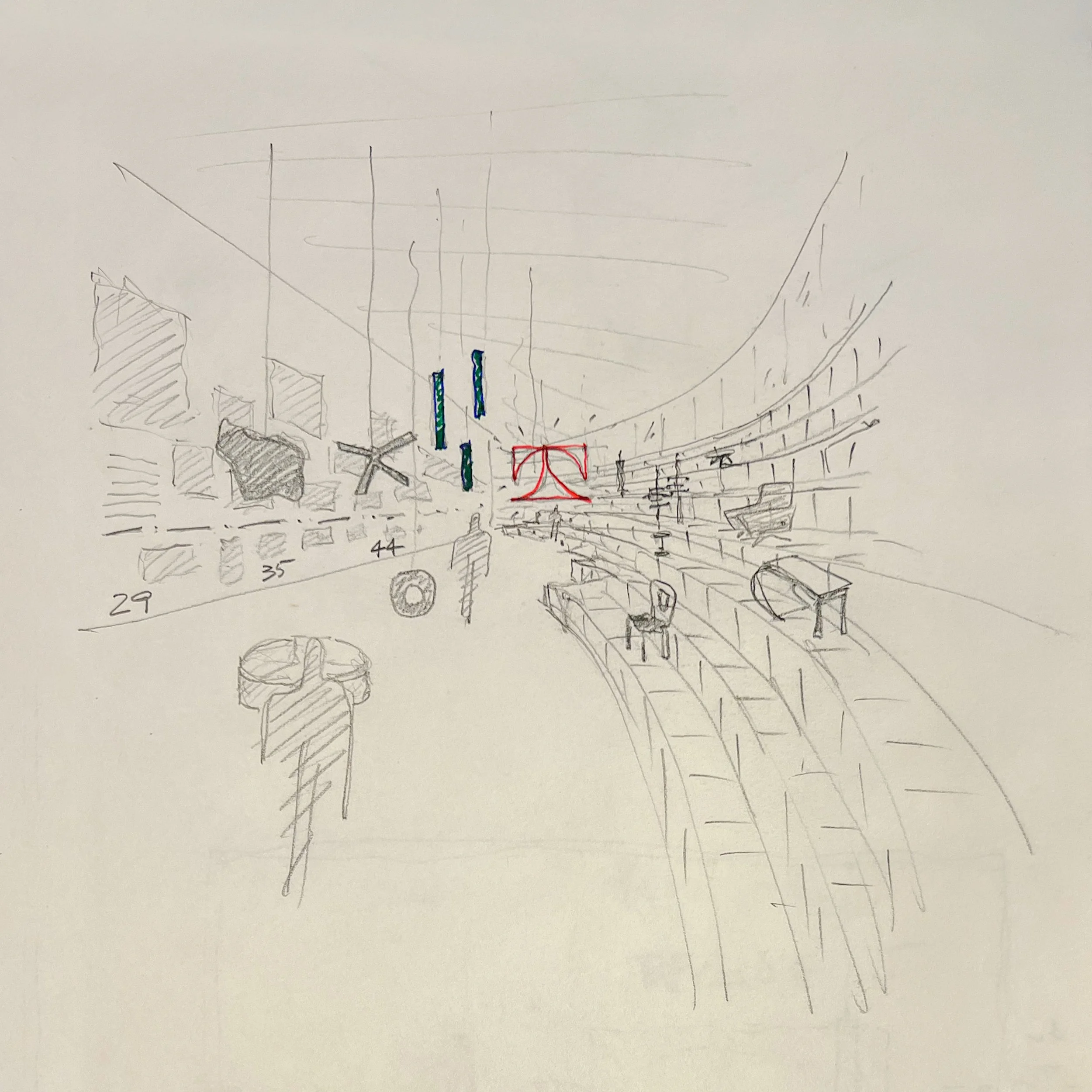 Sketch of study for the Triennale Museum in Milan exhibition, the curved shelving, tables, chairs, and decorative elements, including colored lights and numbers indicating measurements.