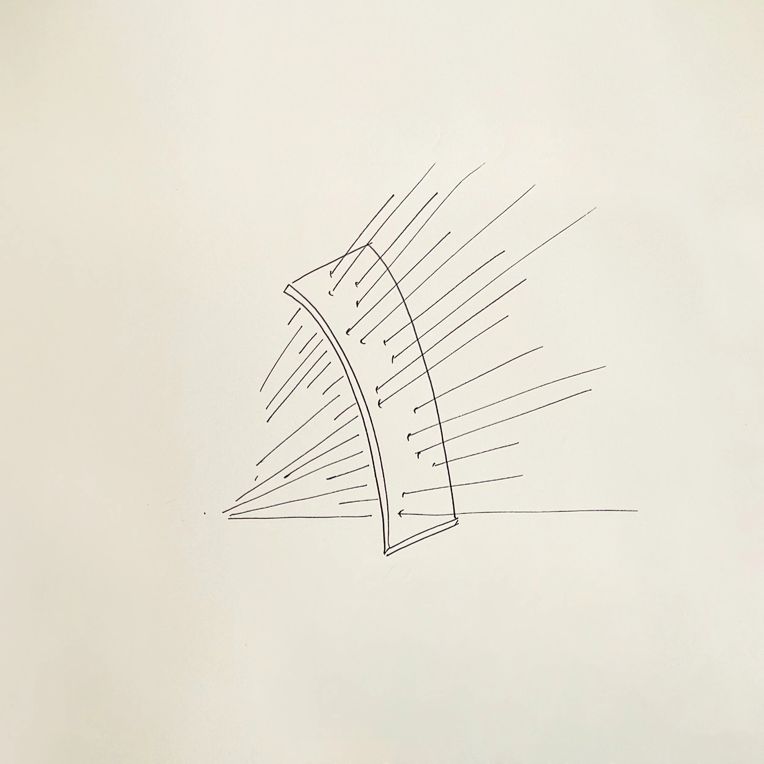 Hand-drawn abstract subject of a curved sheet with radial lines in different directions.