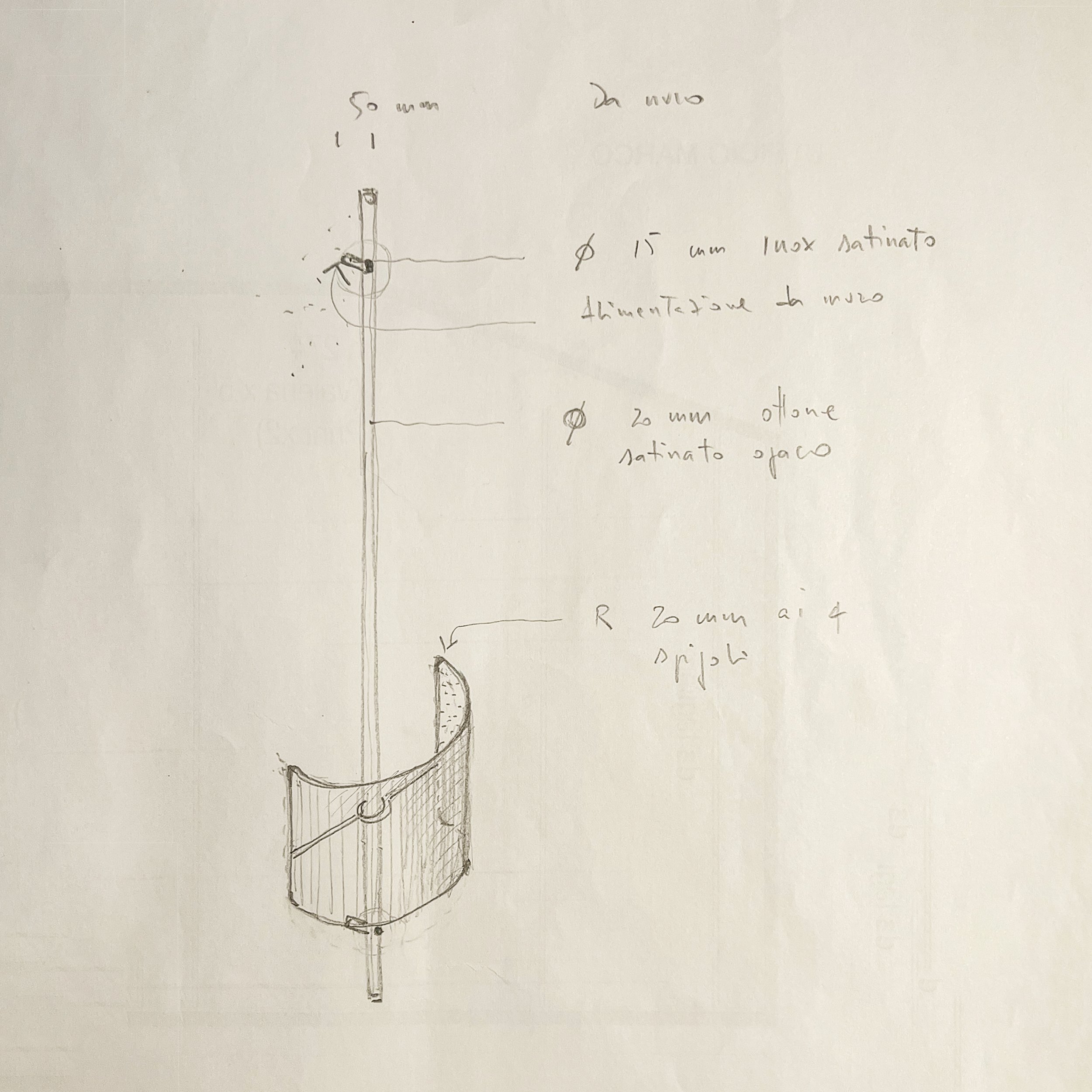 Hand-drawn sketch of a lamp based on a pole and slidable abat-jour. 