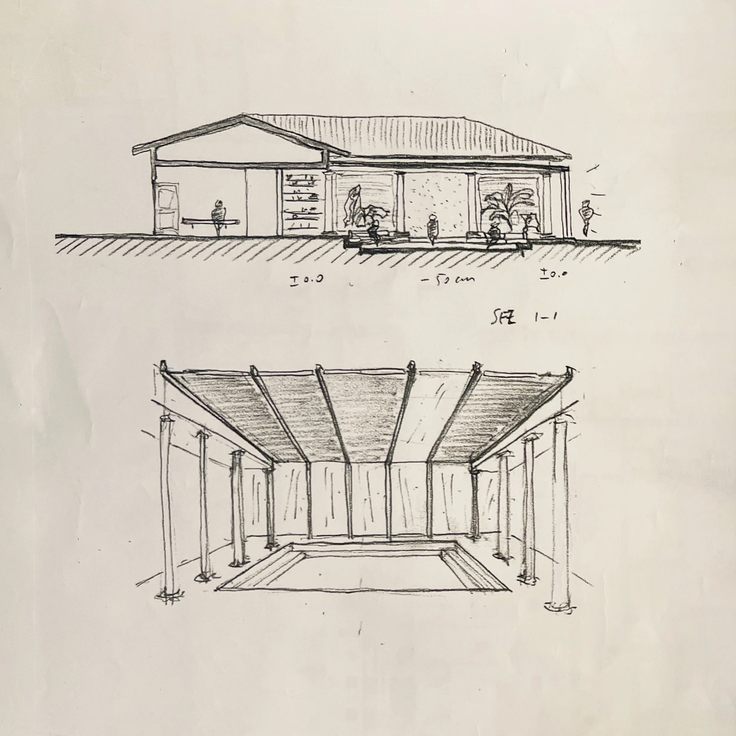 Sketches of architectural designs, including a building facade with decorative statues and plan view of a sheltered structure with columns and a platform.