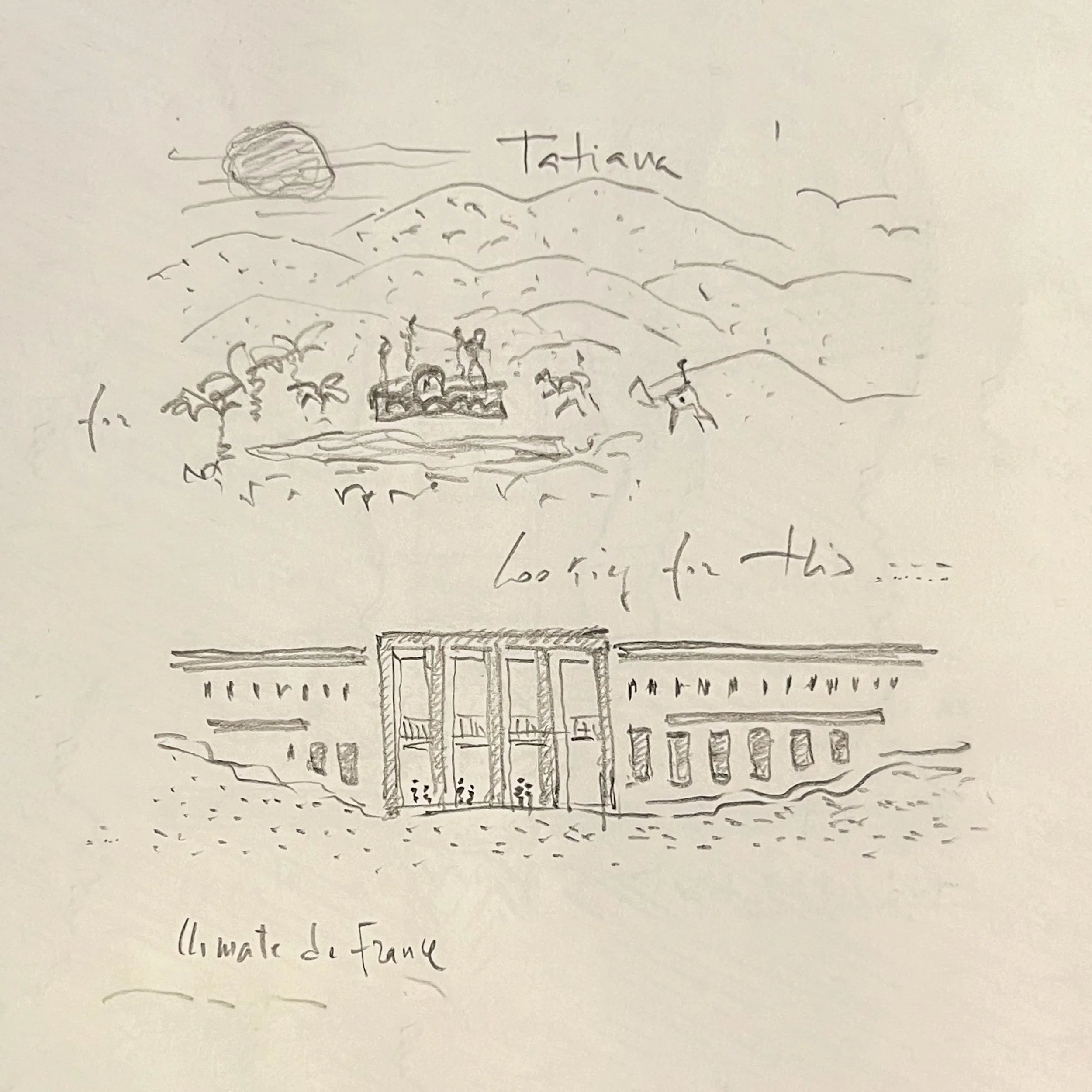 A hand-drawn sketches of a landscape with mountains, trees, and the building Climat the France of Pouillon.