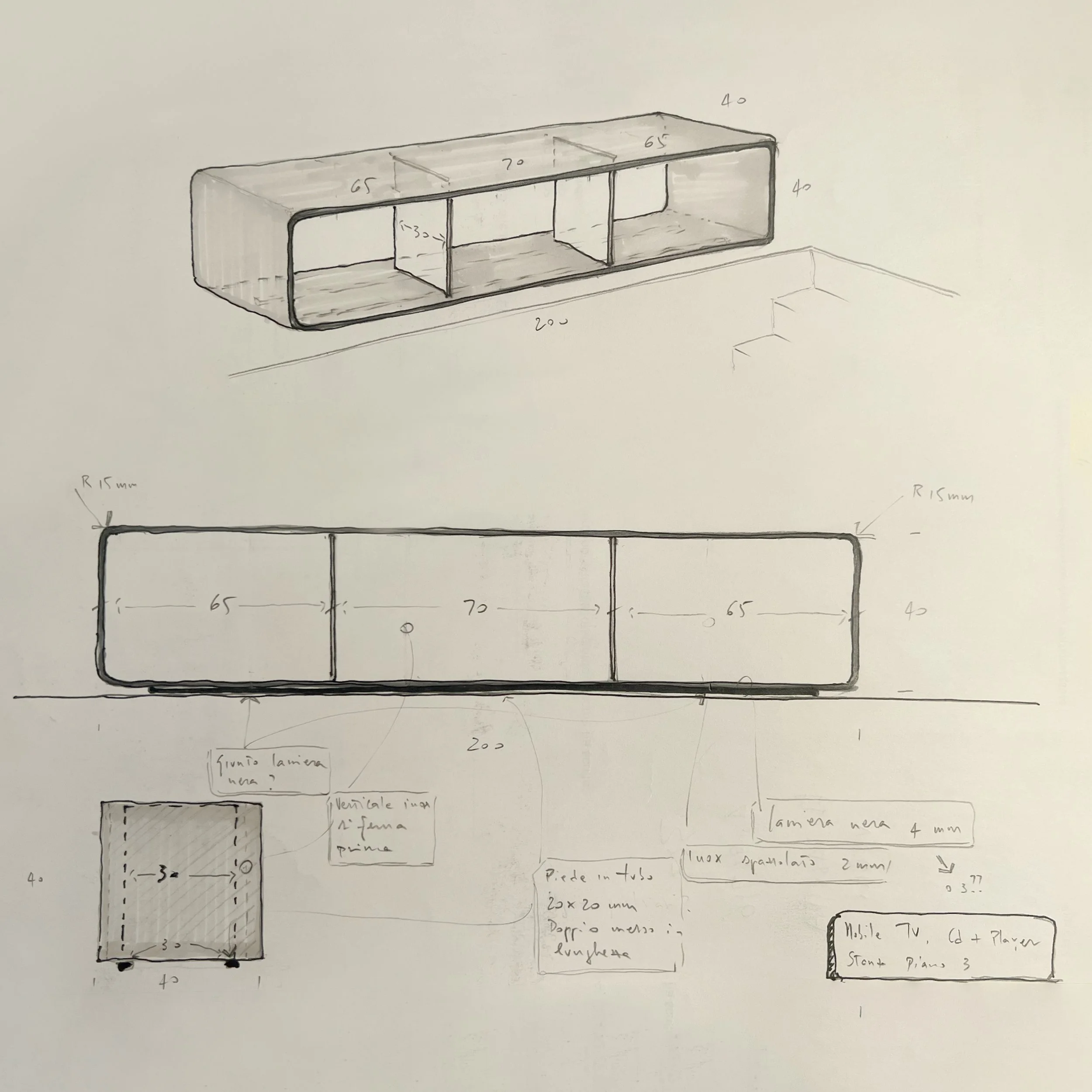 Hand-drawn design sketch of a rectangular wall-mounted cabinet with three open compartments, along with dimensions and construction notes.