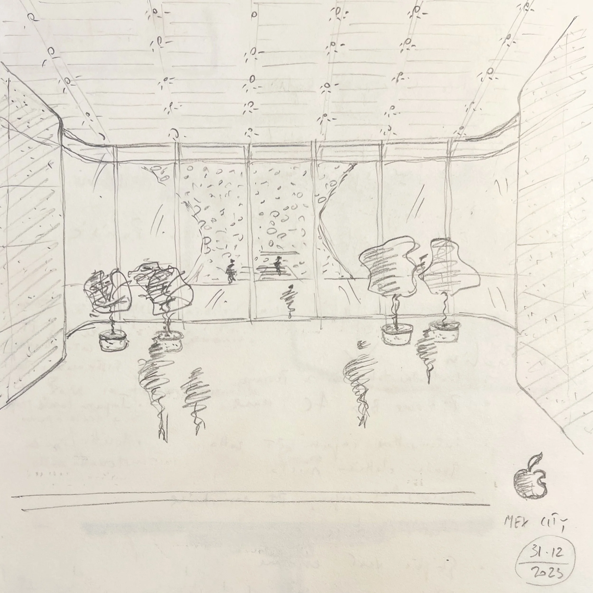 Sketch of an indoor space with a large window, three potted plants on the floor, and a small apple drawing in the bottom right corner with the text 'MEX CITY 31-12 2023'.