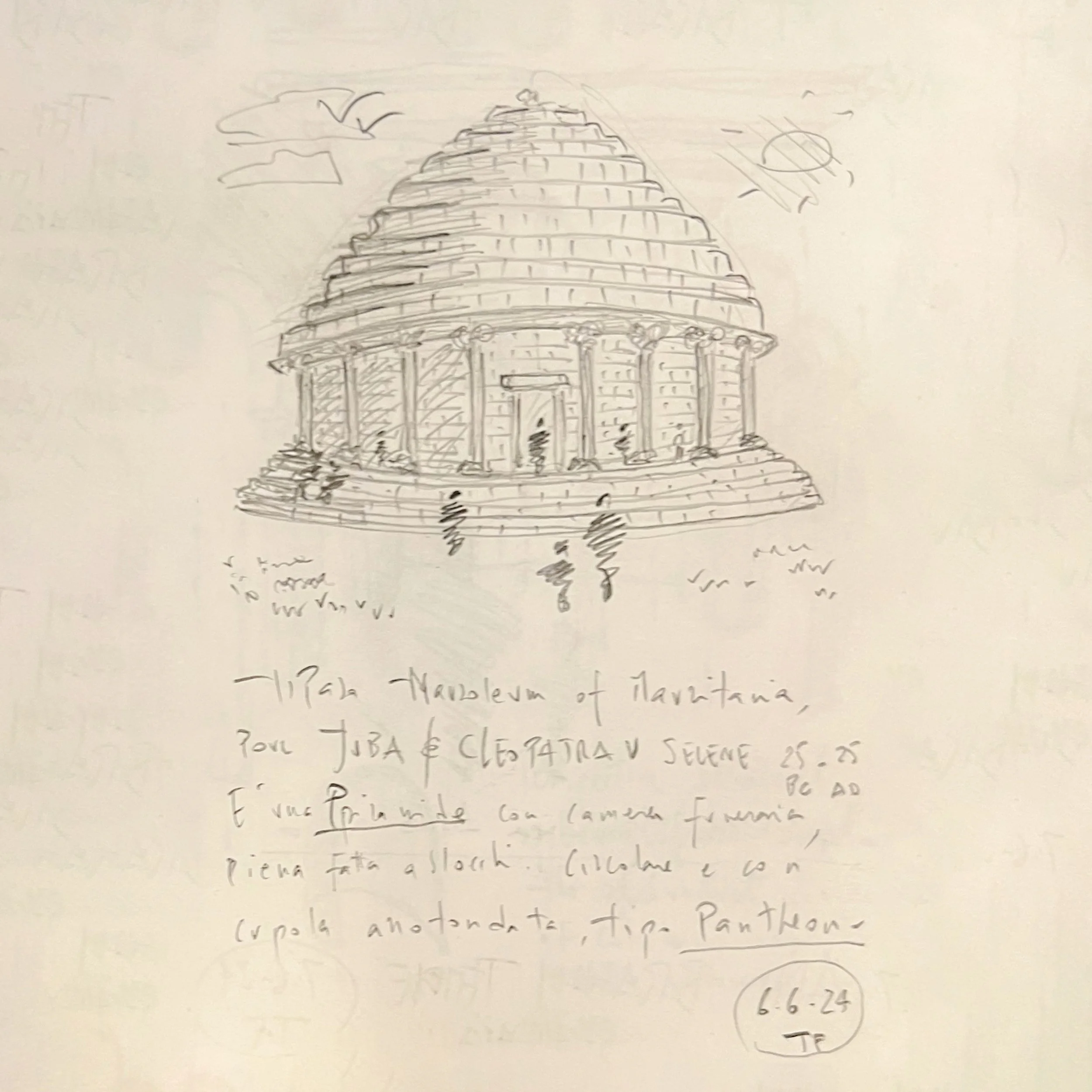 Hand-drawn sketch of the Temple of Navidovm in Tarvitana with a rounded, stepped roof, columns, and steps leading to the entrance.