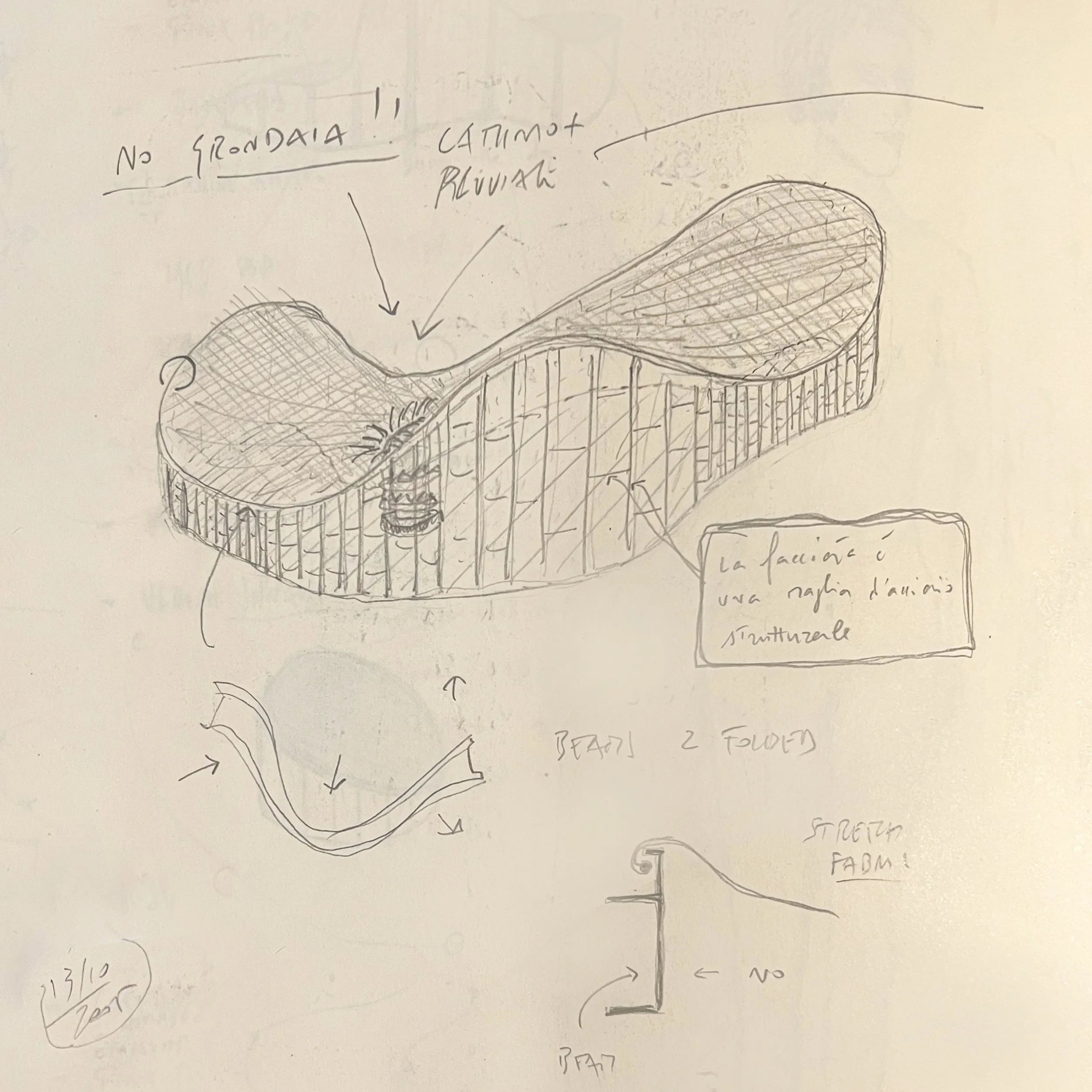 Hand-drawn sketch of a curved architectural structure. The structure shapes a building with a wave-like roof design, supported by vertical beams. Additional sketches show detailed elements and cross-sections.