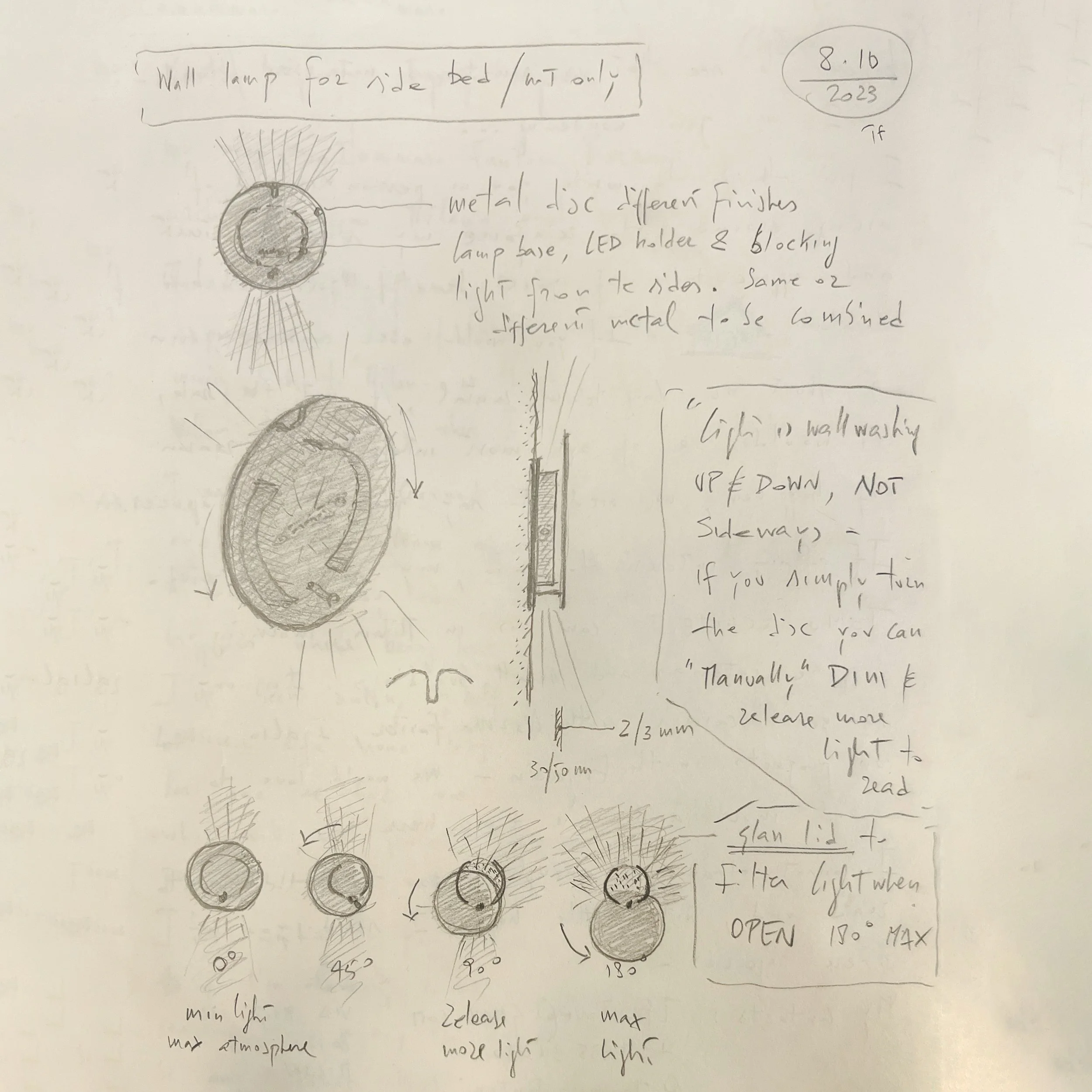 Hand-drawn sketches and notes for a wall-mounted bedside lamp design, including diagrams of the lamp base, LED holder, and adjustable lid with annotations about finishes, measurements, and installation instructions.