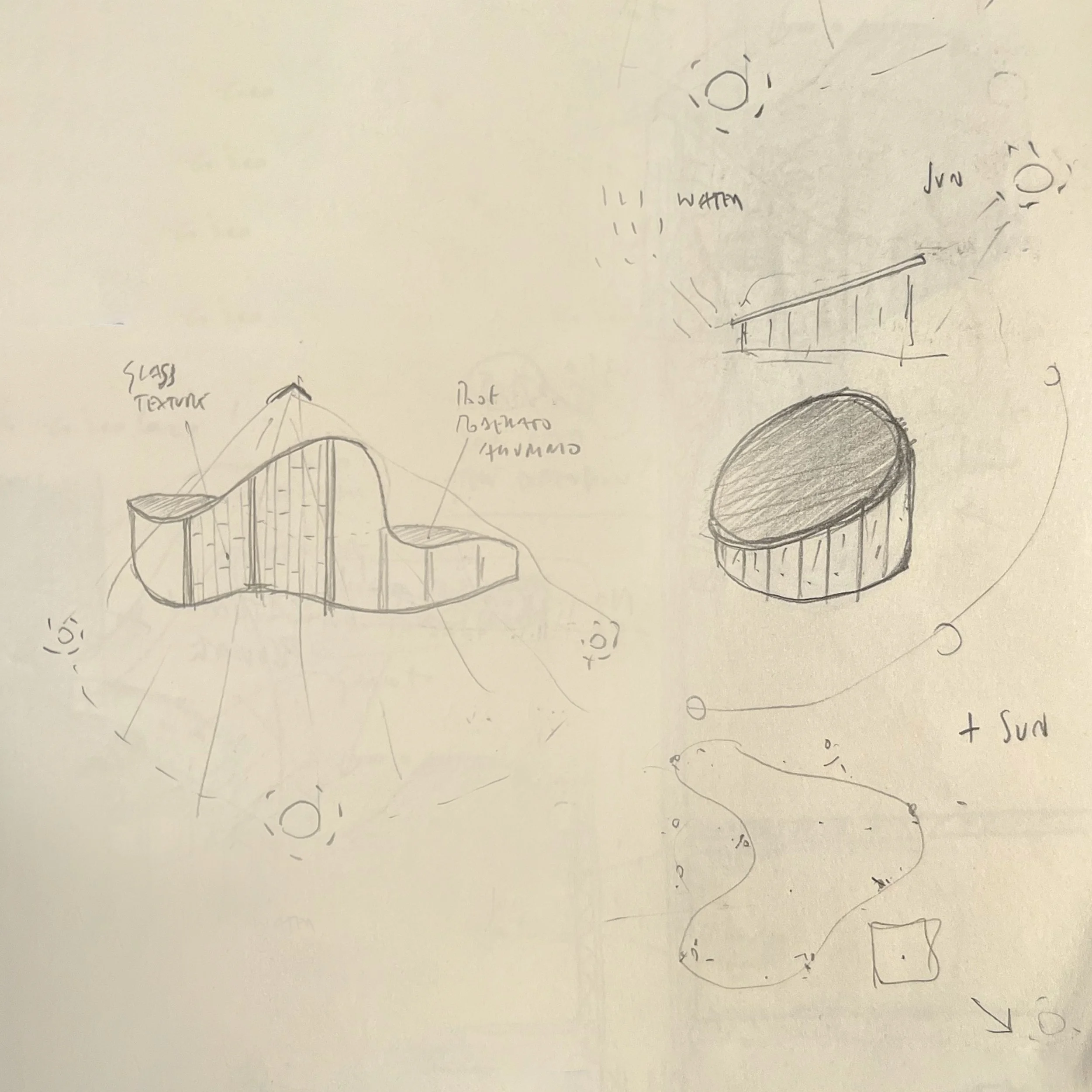 Hand-drawn sketch of a curved architectural structure. The structure shapes a building with a wave-like roof design indicating sunlight with labels like 'slab texture' and 'post decorative curvature'.
