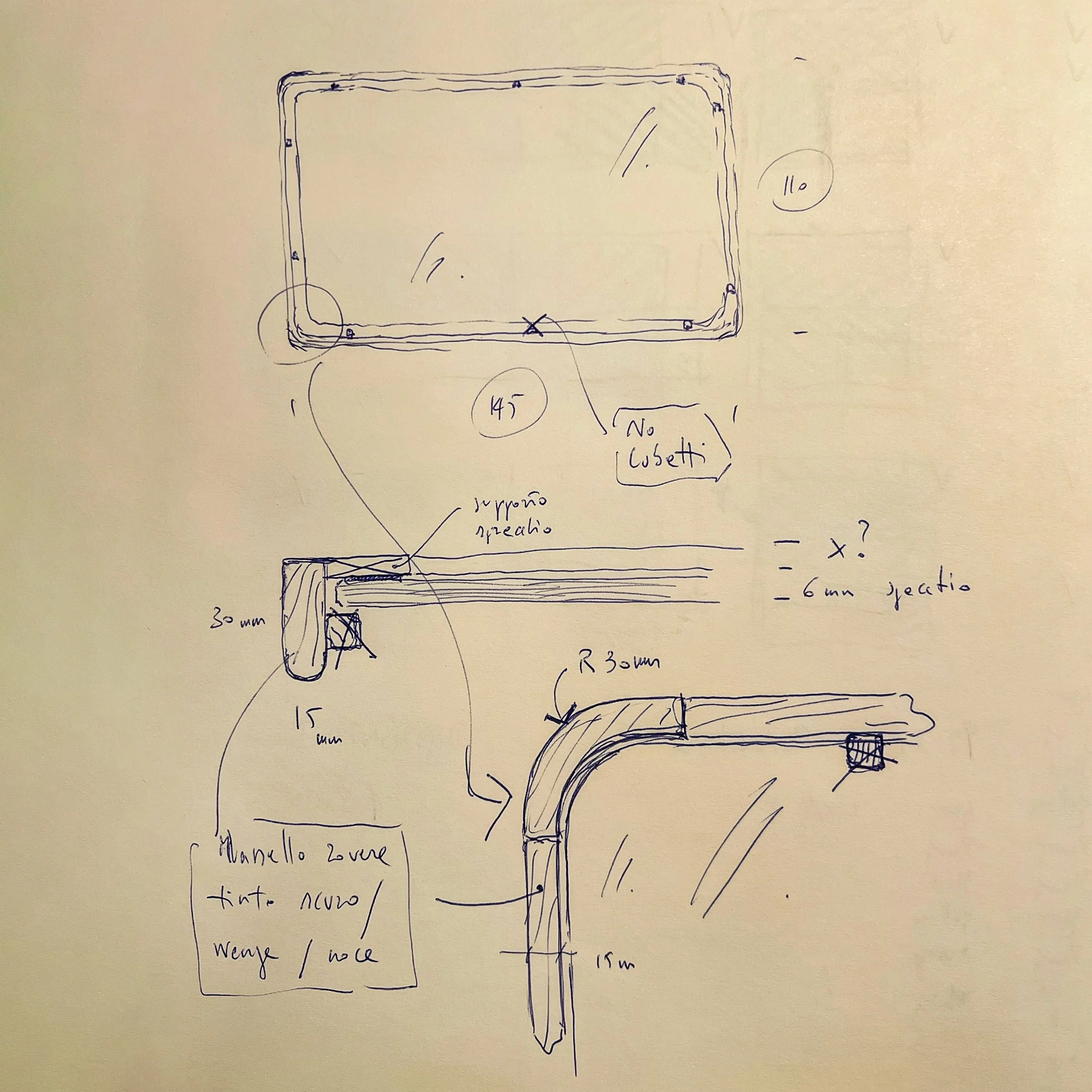 Hand-drawn sketch of a mirror and its components with notes, measurements, and annotations detailed side view of the frame, and a curved piece labeled with radius measurements and finishes.