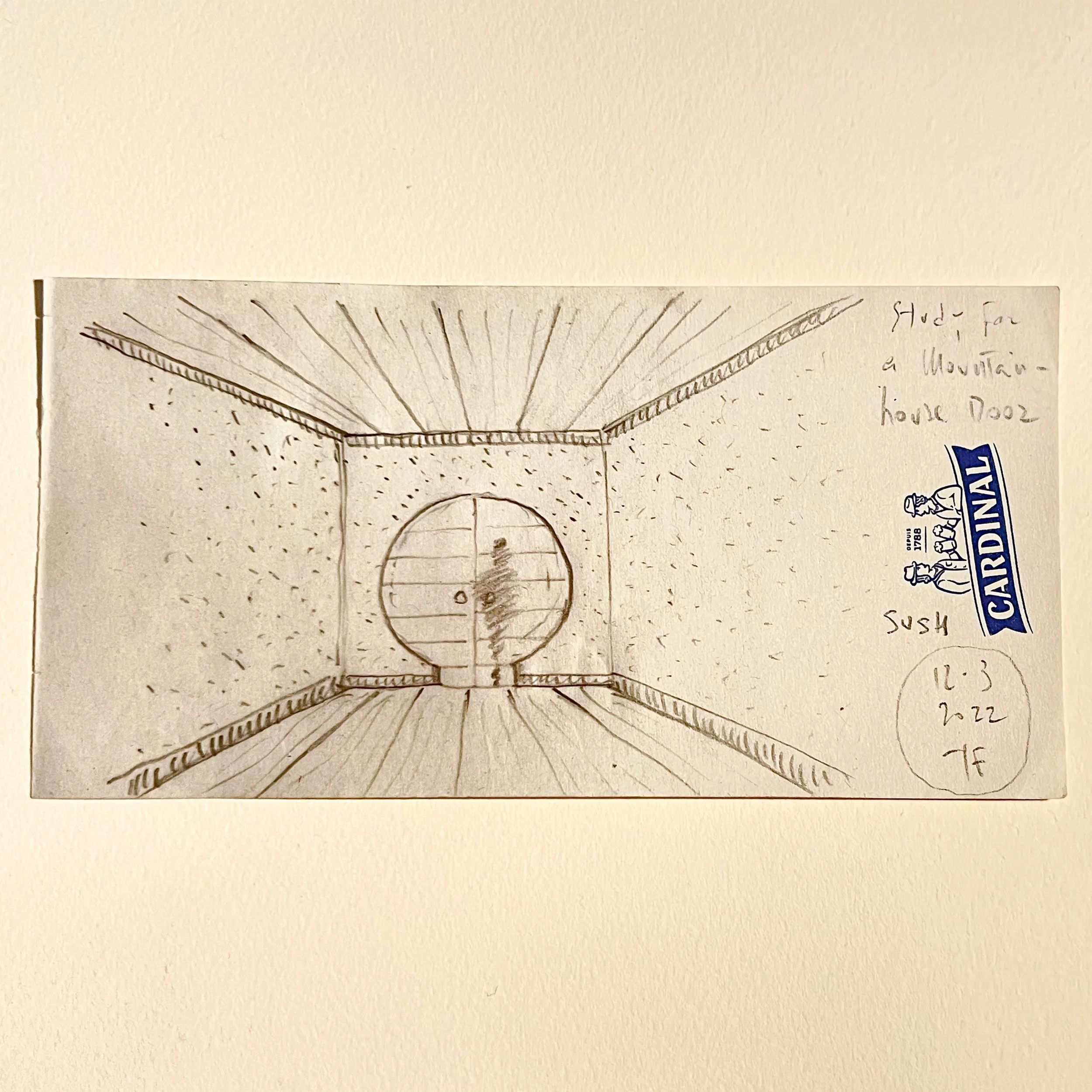 Hand-drawn sketch of the interior of a mountain home door hallway, showing a circular window and wooden flooring, with handwritten notes and a Cardinal logo on the right side.