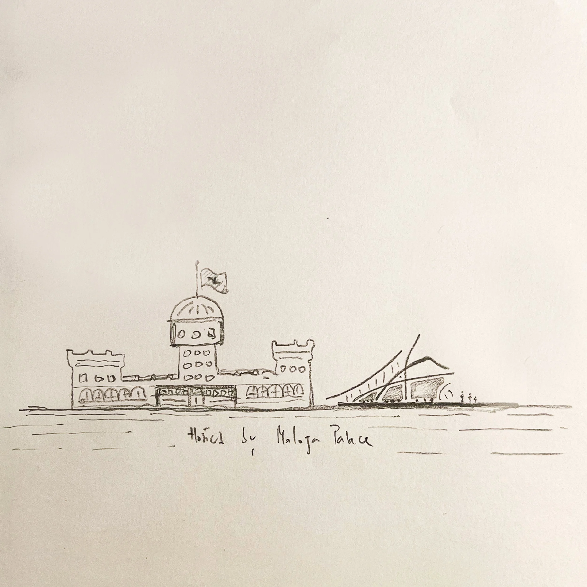 A simple line sketch of a building labeled 'Hotel by Maloja Palace' with a flag on top, and mountain background.