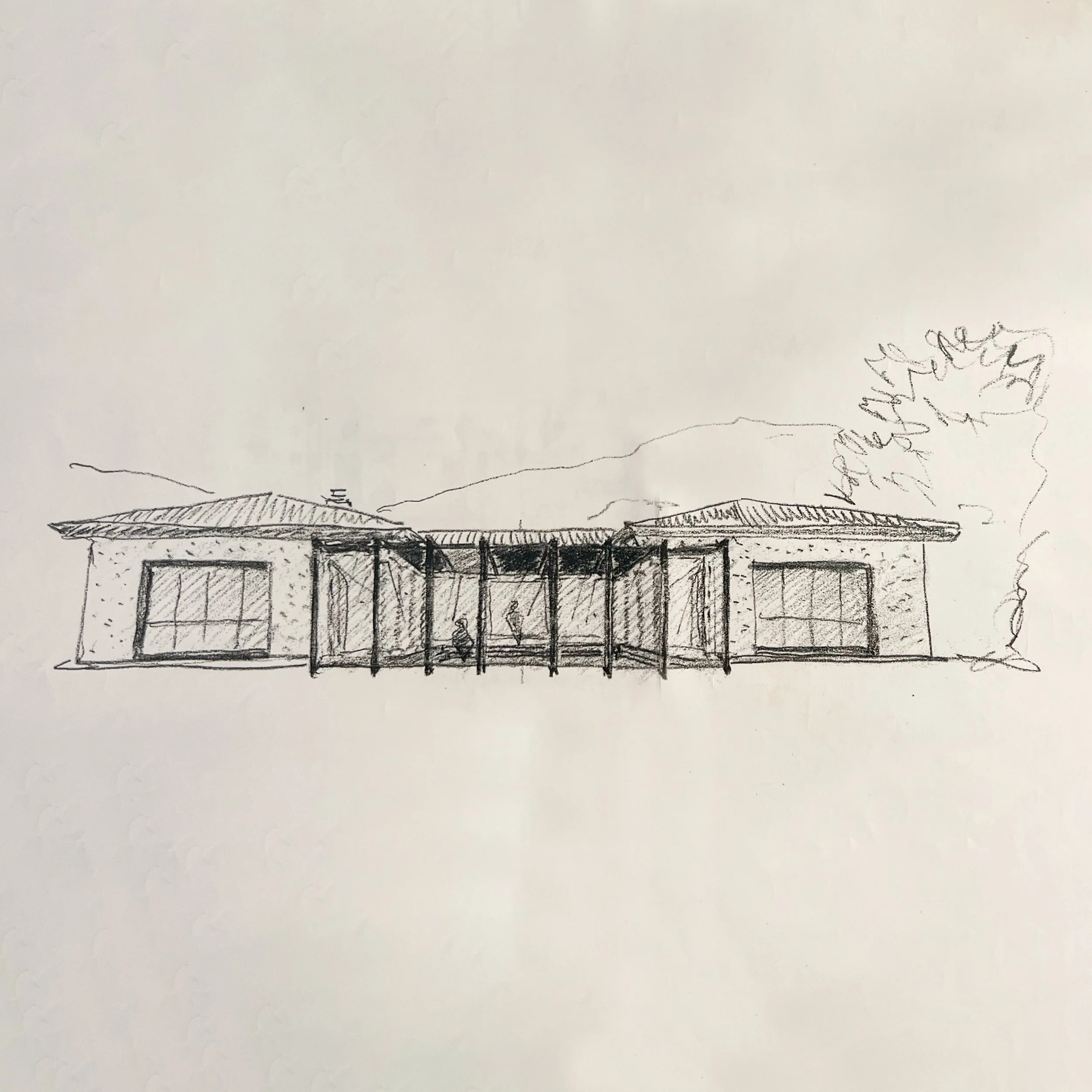 A pencil sketch of a modern single-story house with large windows and a covered porch, surrounded by minimal landscaping and trees.