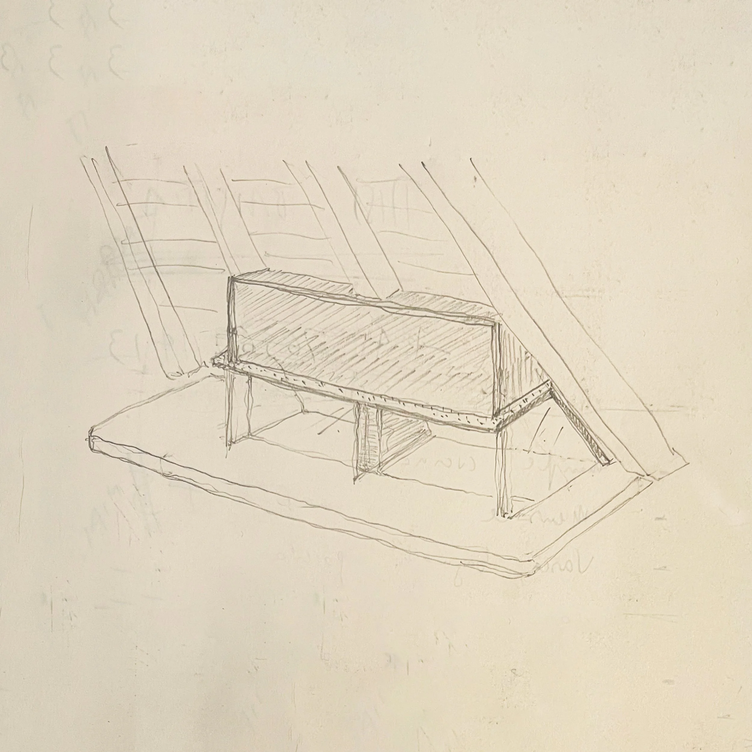 Sketch of a fireplace for an attic space with a sloped ceiling.