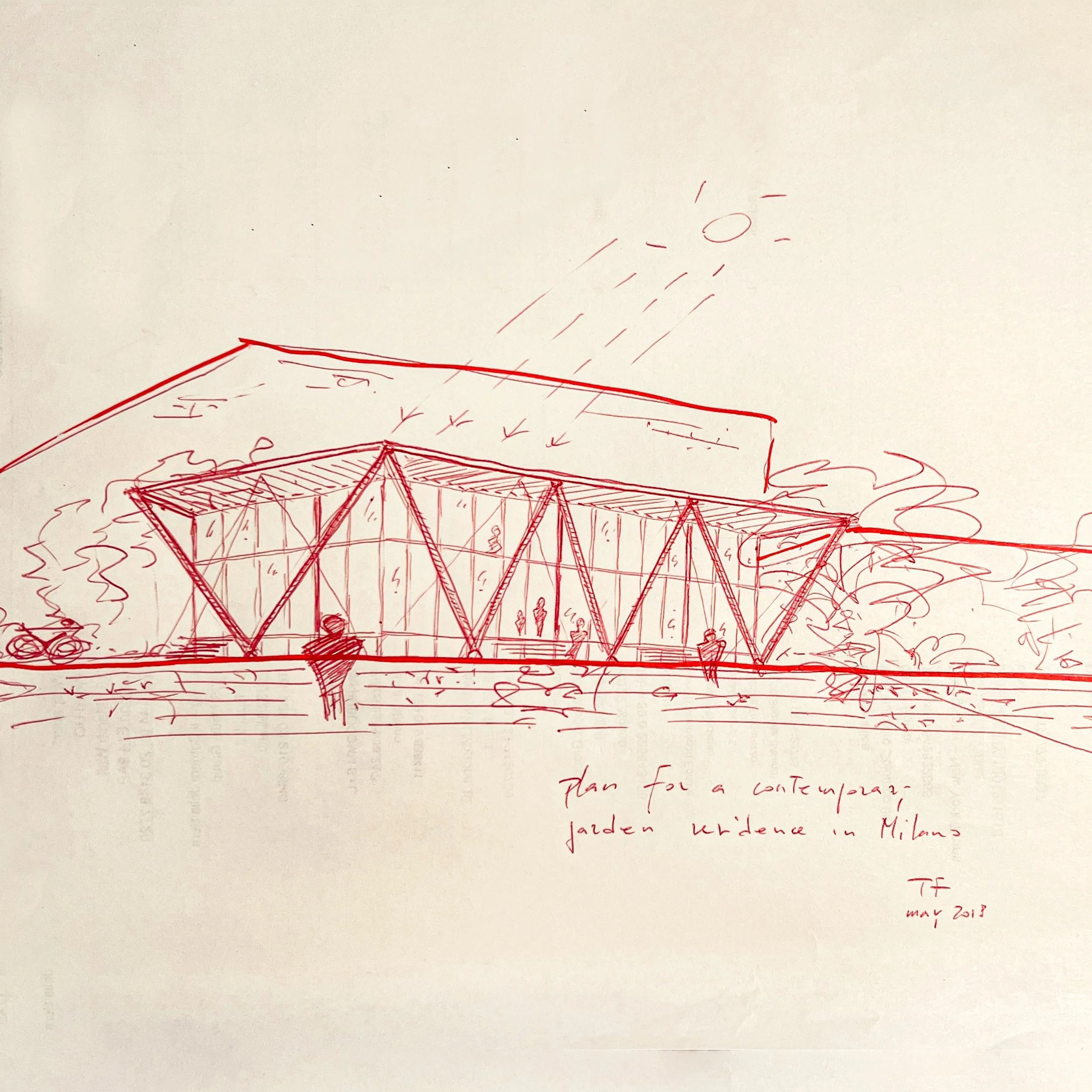 A red pen sketch of a modern architectural building with large glass windows and geometric support beams, set in a green garden with trees. Sunlight is depicted from the top right. Handwritten notes mention a contemporary garden venue in Milan and da